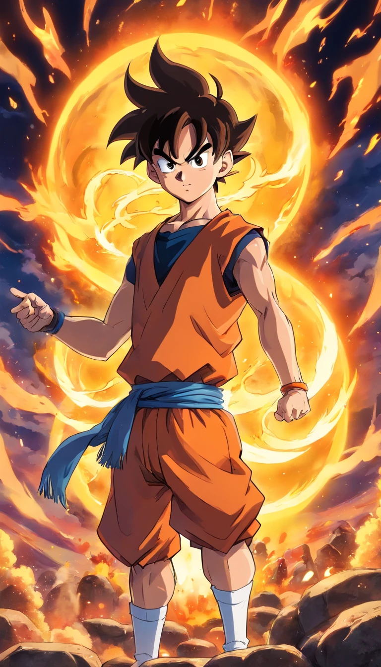 Un chico，Estilo de pintura Dragon Ball，Estilo de pintura Akira Toriyama，Fuerza de fuego+vapor+Goku de niebla, Top is broken, Saiyan full of blazing flames and pyrotechnic skills，Actionpose，cuerpo completosbian，（llama：0.7），Procesamiento competente de efectos especiales，High detail