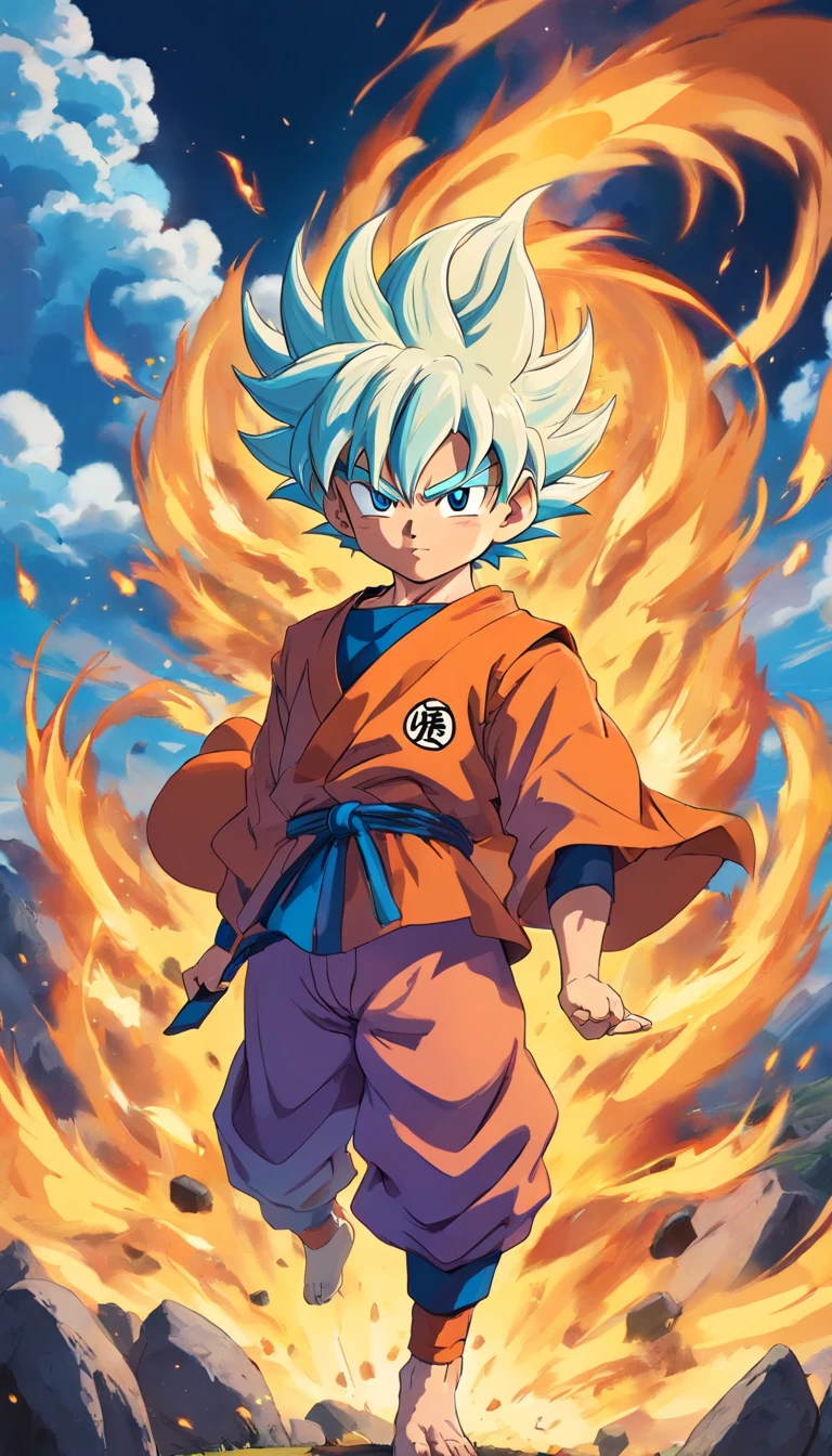 Un chico，Estilo de pintura Dragon Ball，Estilo de pintura Akira Toriyama，Fuerza de fuego+vapor+Goku de niebla, Top is broken, Saiyan full of blazing flames and pyrotechnic skills，Actionpose，cuerpo completosbian，（llama：0.7），Procesamiento competente de efectos especiales，High detail