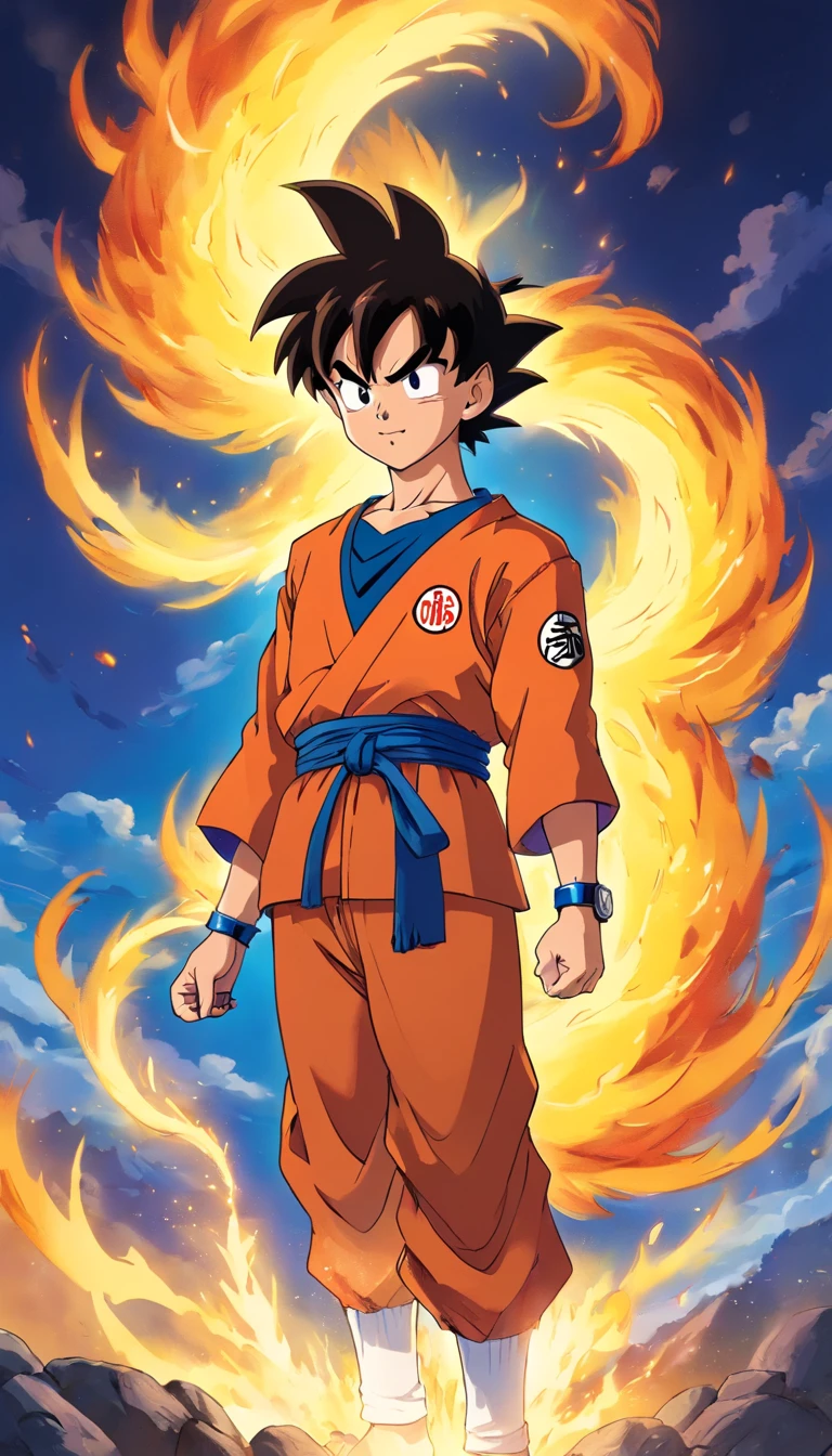 Un chico，Estilo de pintura Dragon Ball，Estilo de pintura Akira Toriyama，Fuerza de fuego+vapor+Goku de niebla, Top is broken, Saiyan full of blazing flames and pyrotechnic skills，Actionpose，cuerpo completosbian，（llama：0.7），Procesamiento competente de efectos especiales，High detail