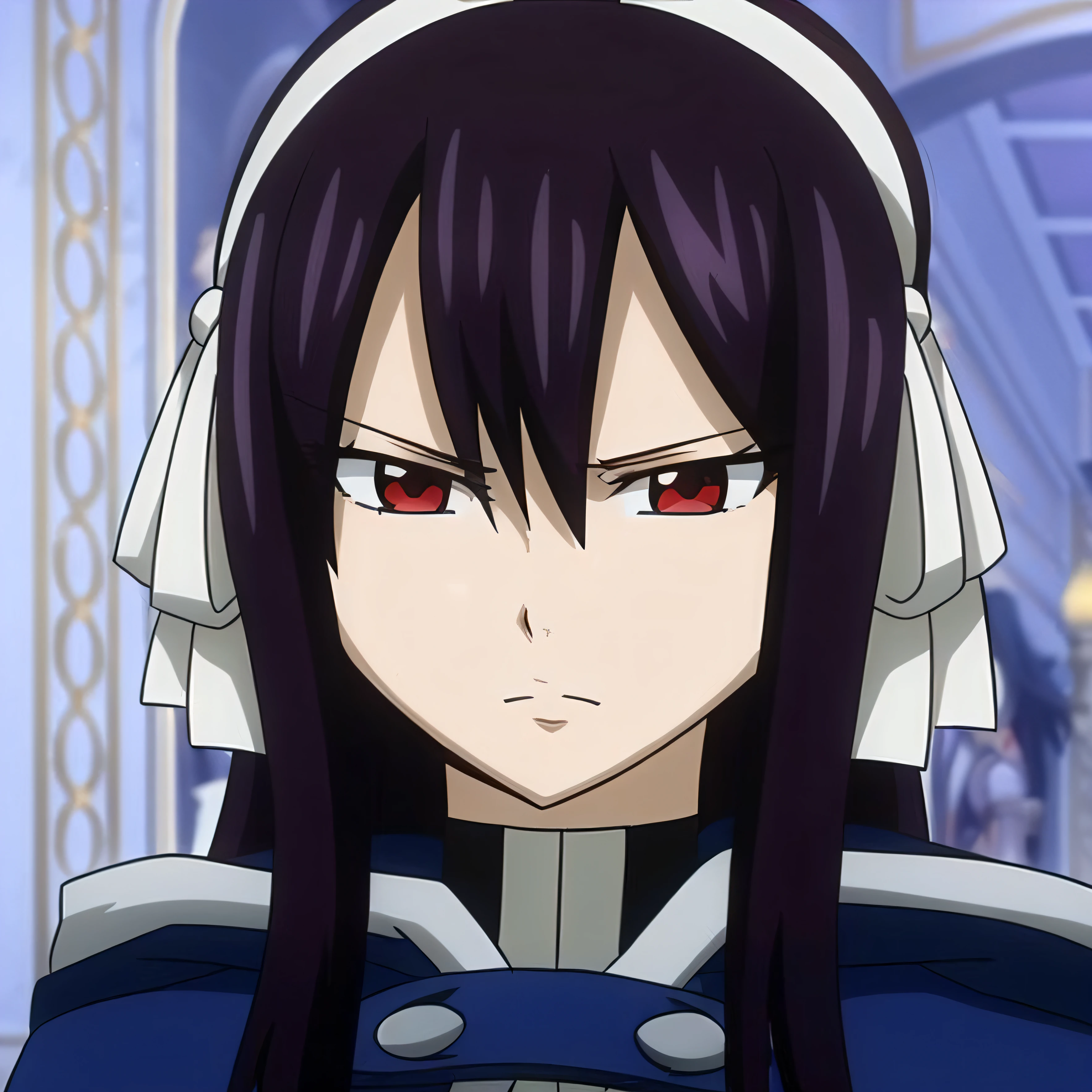 a close up of a person with long hair and red eyes, erza scarlet as a real person, female anime character, nefarious smirk, anime girl named lucy, albedo from the anime overlord, shalltear from overlord, anime character, roguish smirk, as an anime character, fus rei, the godess hera looking angry