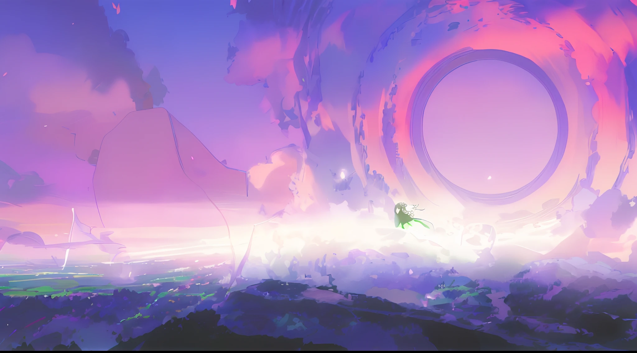 (with Kyoto animation studio art style), best quality,A captivating girl stands gracefully amidst a vast expanse of lush green field, adorned in a predominantly blue gown with delicate white accents. Her long, flowing hair, as white as snow, dances elegantly in the gentle breeze that surrounds her. Her eyes are filled with curiosity as she gazes upon a portal gate that has materialized before her. The bright blue sky creates a perfect backdrop for this enchanting moment.