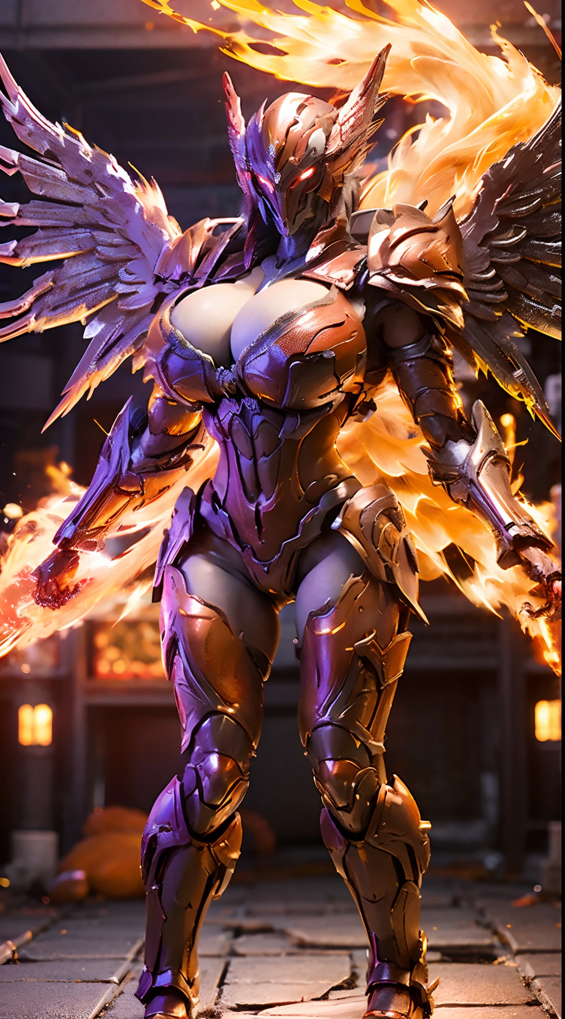 HUGE BOOBS, RED MECHA ARMOR FULL SUIT, (CLEAVAGE), (A PAIR LARGEST PHOENIX WINGS), TRANSPARANT, TALL LEGS, STANDING, SEXY BODY, MUSCLE ABS.