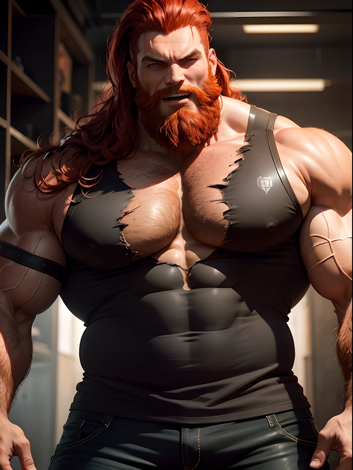 Growing huge muscular man large, enormous chest, red hair and beard, torn t-shirt, imposing, with an evil gaze,laughing,dark and gritty style. Bottom-up view.