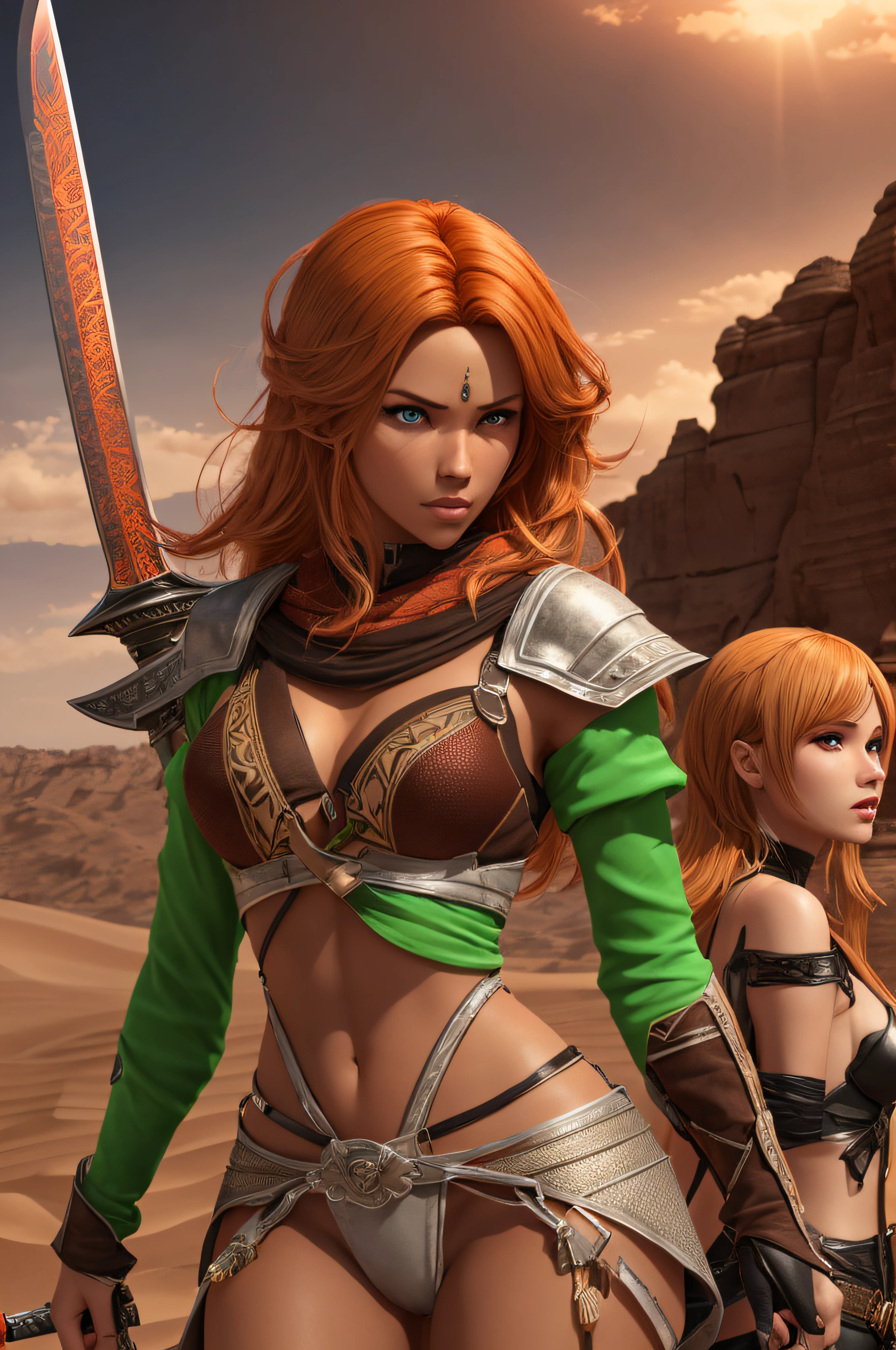 A tanned blond woman and a brown-skinned-red-haired woman are holding their laser-swords in the desert, in the style of daz3d, light orange and green, african influence, animecore, jump cuts, heroic, violent. Realistic image