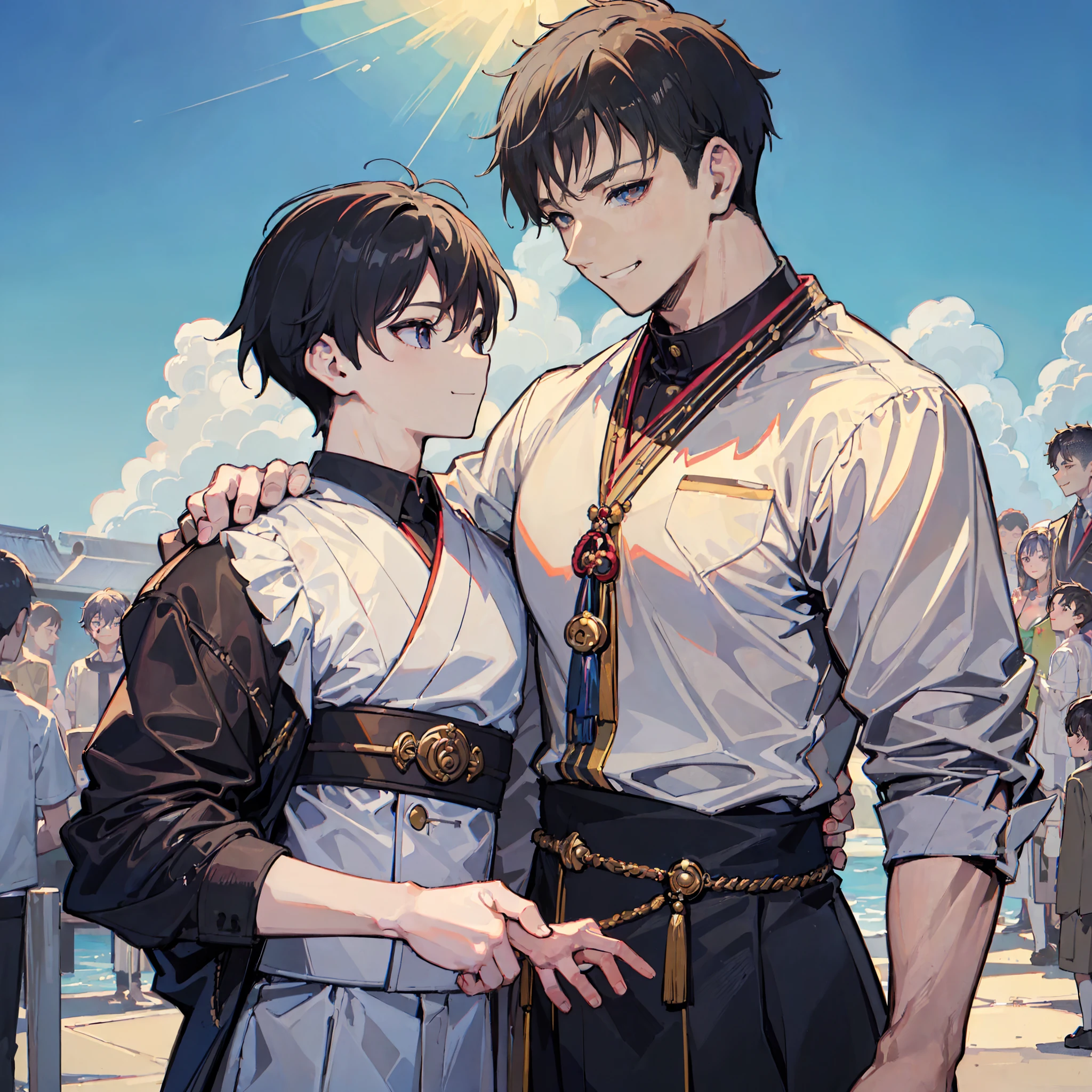 (Masterpiece), (best quality), ((super-detailed)), (shotaoni:1.5),((1 Child boy and 1 adult mature male)), (gay smiling), looking at another, (The child boy in power)、Adult male obeying the orders of the child master boy, Pompous and smug children