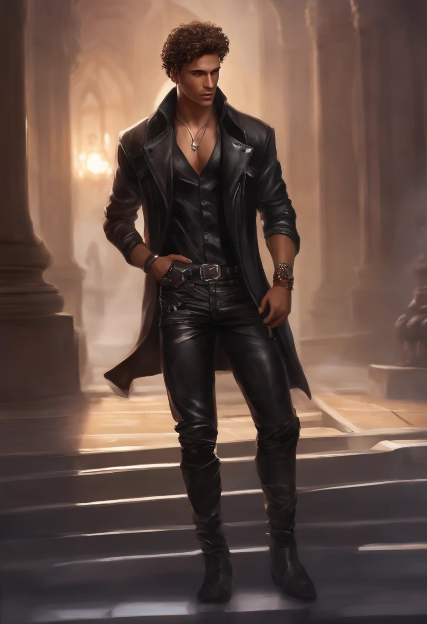 very light brown man, 25 years old, 1.80 tall, thin but strong. Curly hair with a gradient on the sides, brown eyes, with a happy expression but not seductive. very detailed, real, wearing black cyberpunk style pants and a black jacket with red details and silver chains, full body, token for tabletop RPG