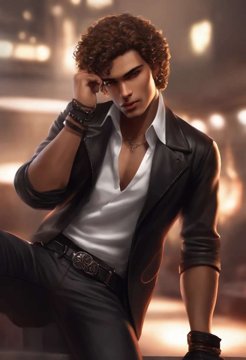 very light brown man, 25 years old, 1.80 tall, thin but strong. Curly hair with a gradient on the sides, brown eyes, with a happy expression but not seductive. very detailed, real, wearing black cyberpunk style pants and a black jacket with red details and silver chains, full body, token for tabletop RPG