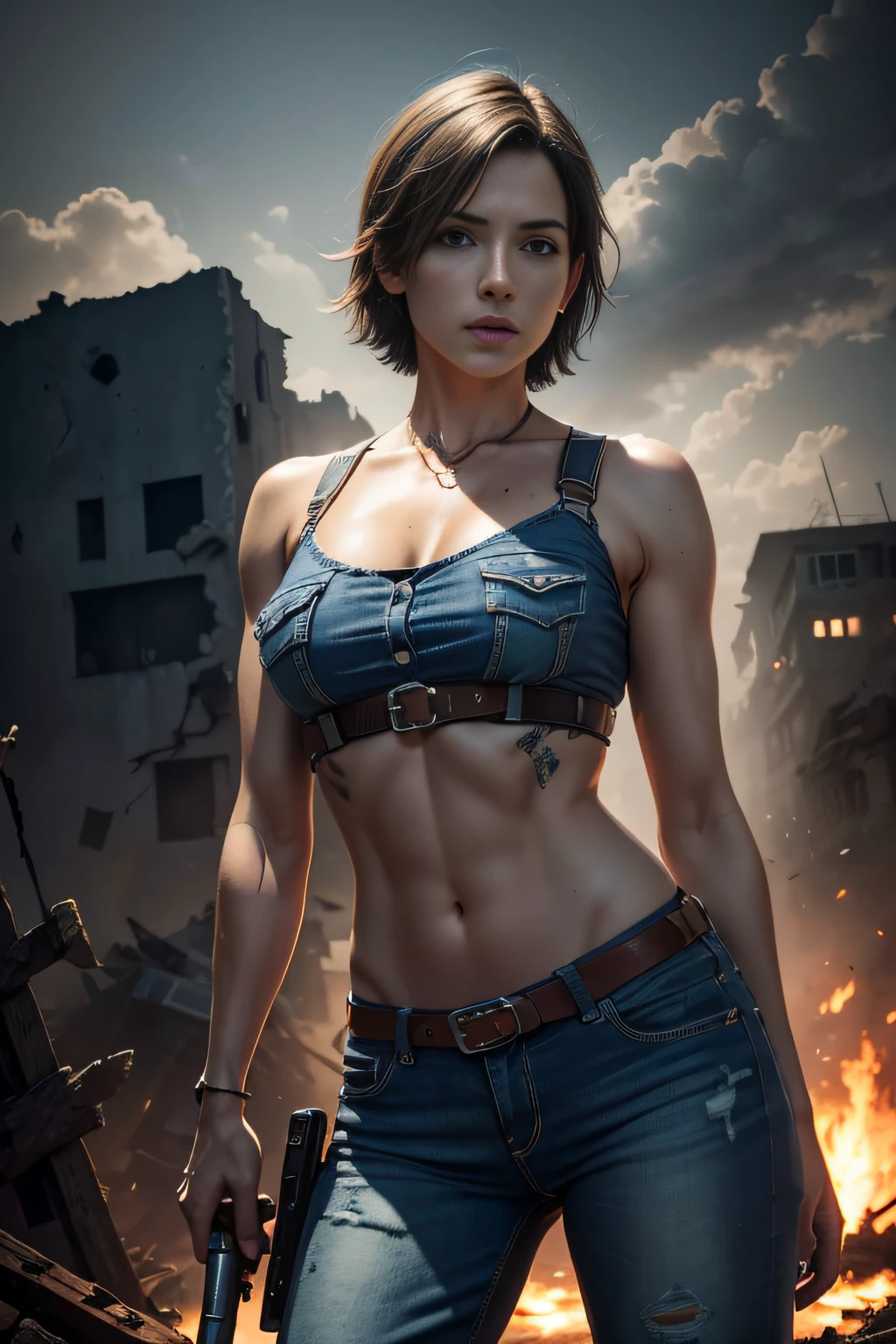obra prima , cinematografic , HDR , image and volumetric lighting , Fotografando Poses ,Cowboy Tiro por Jill Valentine, short hair, tampo azul, Denim Jeans Pants, Resident Evil, fundo sombrio , misterioso , cena noturna ,  fundo do apocalipse zumbi , ((Destroyed city background)) , 8k