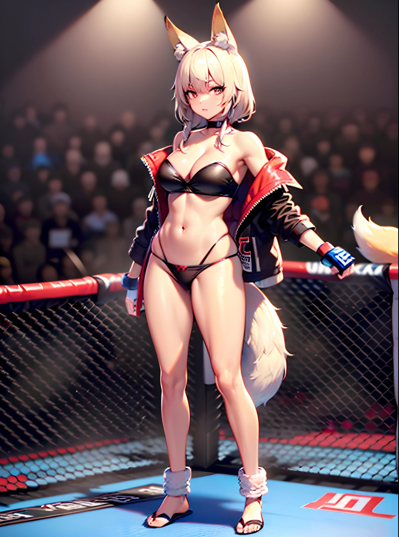 ((fox girl)), ((full body)), ((Standing pose)), (((long leg warmers))), ((strapless bikini bra)), (((thong))), ((open jacket)), ((UFC gloves)), ((fully detailed))
