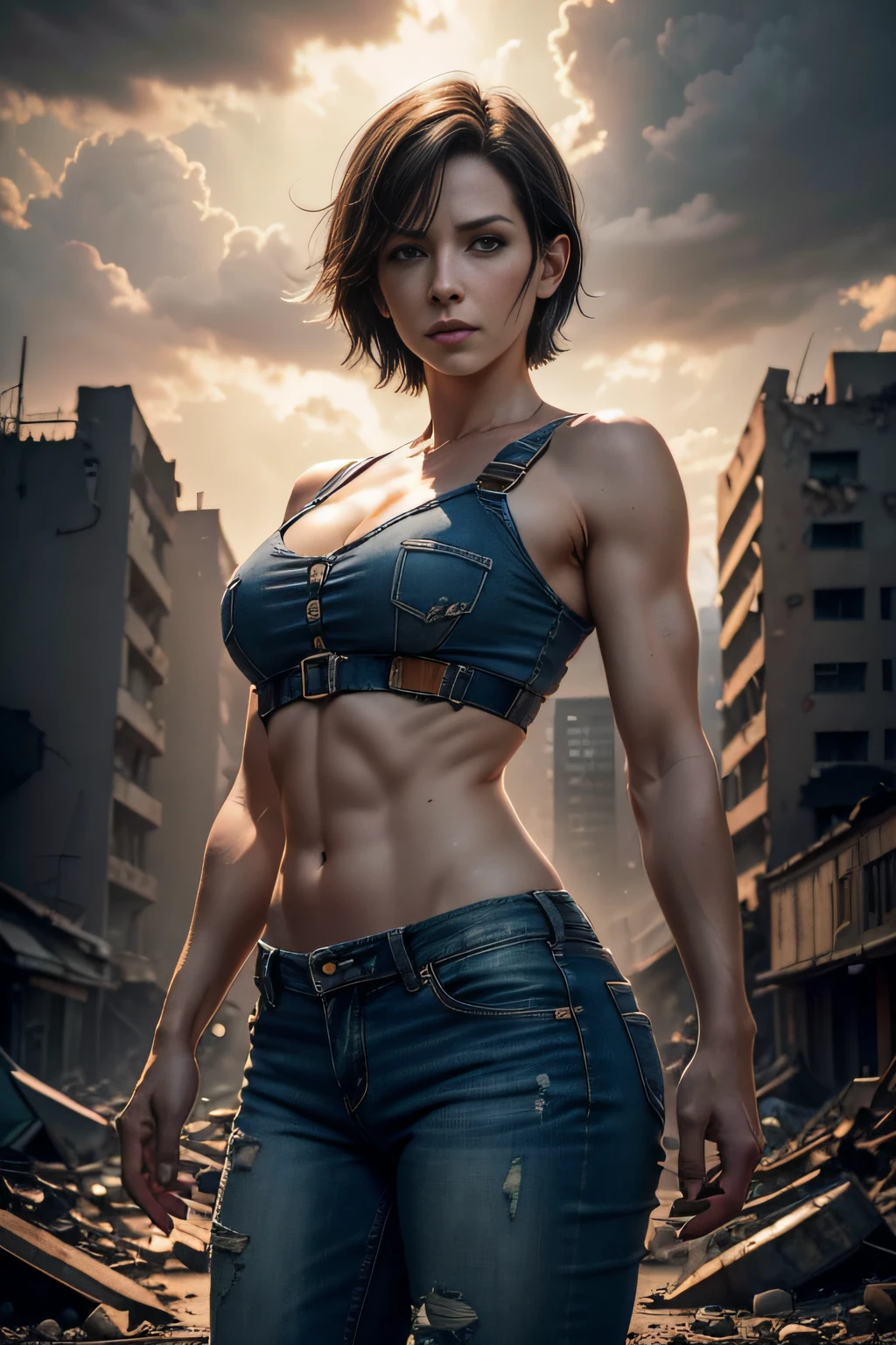 obra prima , cinematografic , HDR , image and volumetric lighting , Fotografando Poses ,Cowboy Tiro por Jill Valentine, short hair, tampo azul, Denim Jeans Pants, Resident Evil, fundo sombrio , misterioso ,  fundo do apocalipse zumbi , ((Destroyed City Background)) , 8k