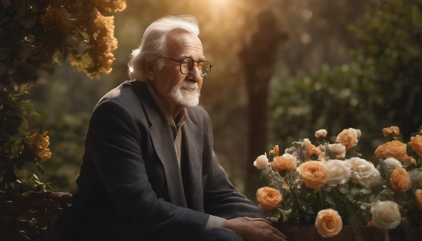 man's tomb, gravestone with an image of an 85-year-old man, detailed portrait, engraved face, realistic facial features, wrinkles, grey hair, glasses, kind and wise expression, surrounded by flowers, serene atmosphere, sunlight casting a warm glow, nostalgic color tone, high-resolution masterpiece:1.2, ultra-detailed, professional sculpting, delicate sculptural details, realistic texture, fine engraving, vibrant flowers, peaceful and dignified scene, masterful craftmanship