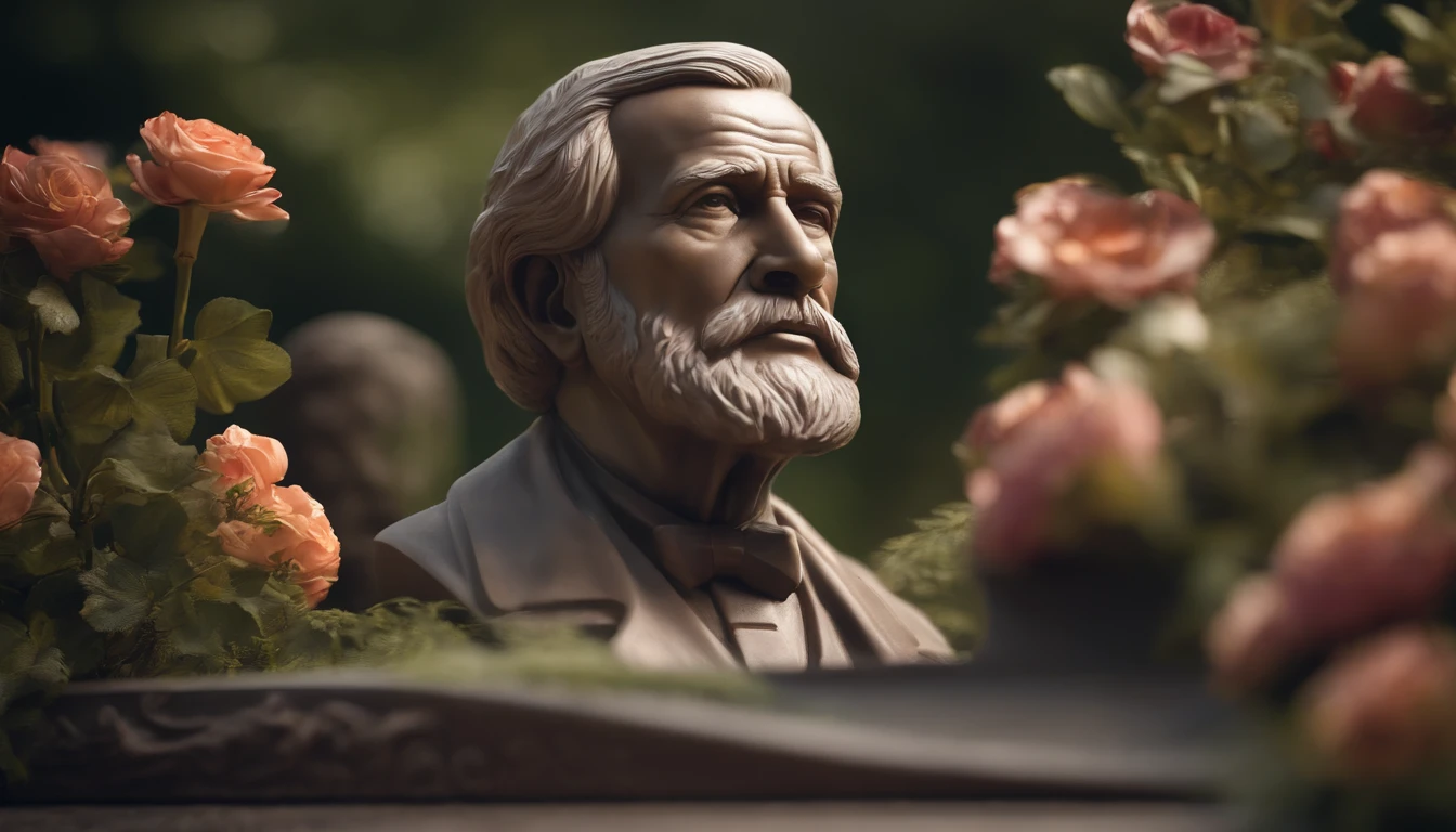 man's tomb, gravestone with an image of an 85-year-old man, detailed portrait, engraved face, realistic facial features, wrinkles, grey hair, glasses, kind and wise expression, surrounded by flowers, serene atmosphere, sunlight casting a warm glow, nostalgic color tone, high-resolution masterpiece:1.2, ultra-detailed, professional sculpting, delicate sculptural details, realistic texture, fine engraving, vibrant flowers, peaceful and dignified scene, masterful craftmanship
