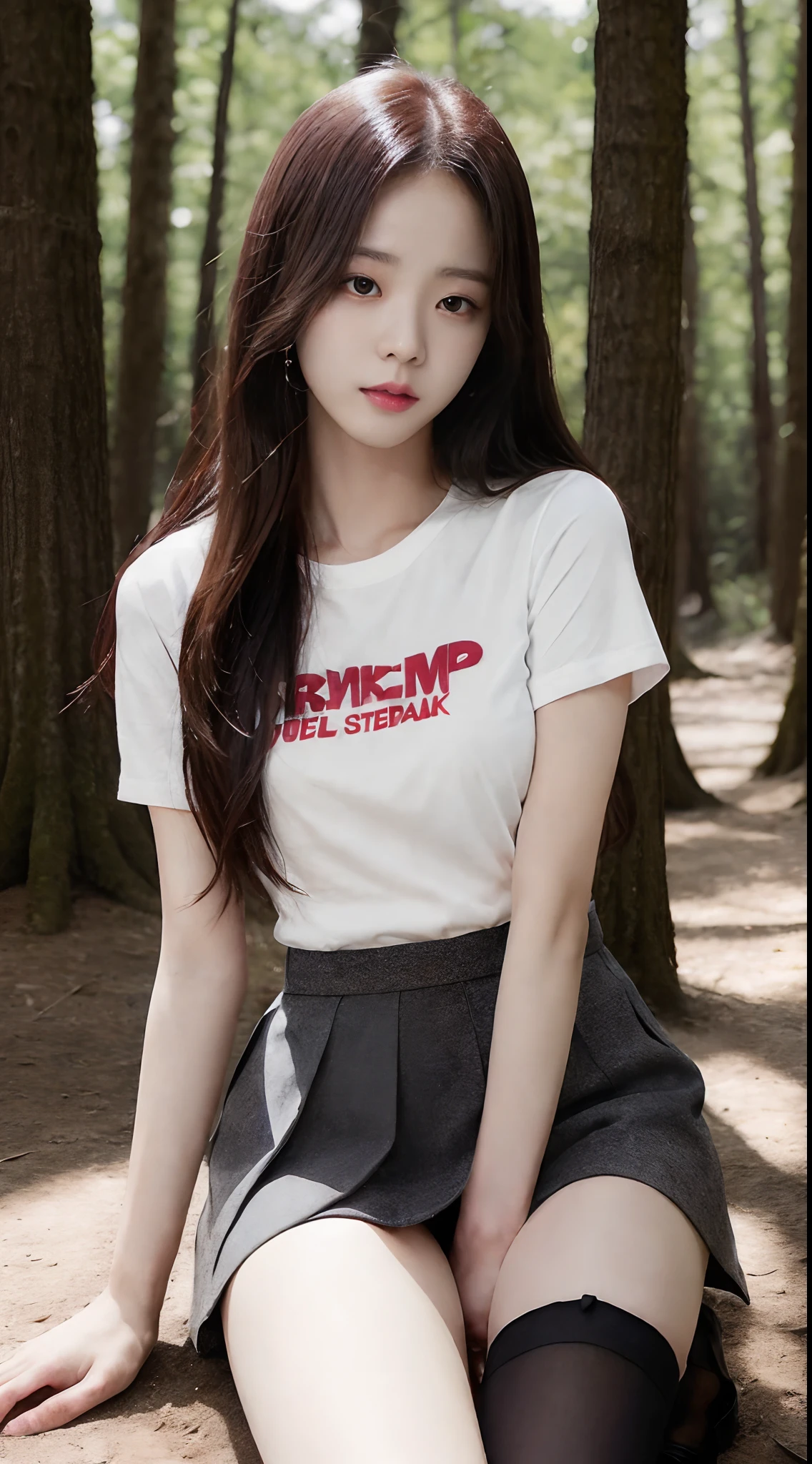 ((Jisoo from Blackpink)), t-shirt, tiny pleated skirt, black stockings up to the waist, high heels, close-up from thighs to face, sitting with thighs open, exposed vagina, very light skin, very long hair, wavy hair, camp, forest, photorealistic, indirect lighting, volumetric light, ray tracing, hyperdetailed, best quality, high resolution, HDR, 8k