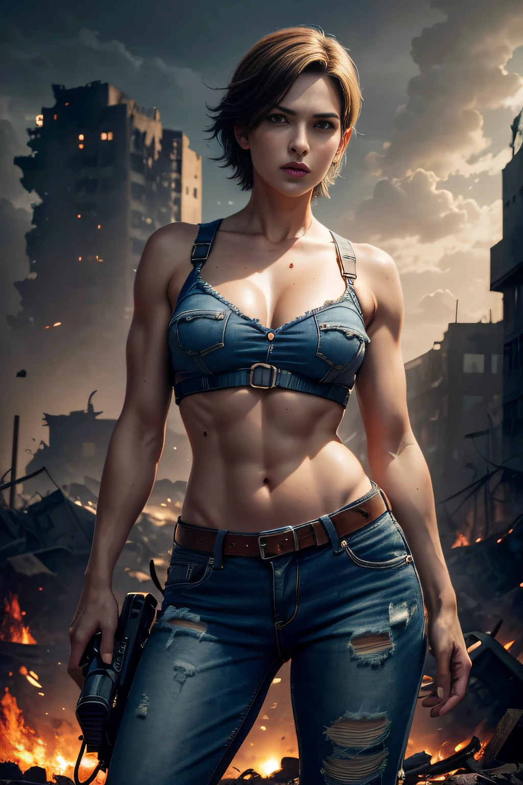 obra prima , cinematografic , HDR , image and volumetric lighting , Fotografando Poses ,Cowboy Tiro por Jill Valentine, short hair, tampo azul, Denim Jeans Pants, Resident Evil, fundo sombrio , misterioso , cena noturna , fundo do apocalipse zumbi , ((Destroyed city background)) , 8k