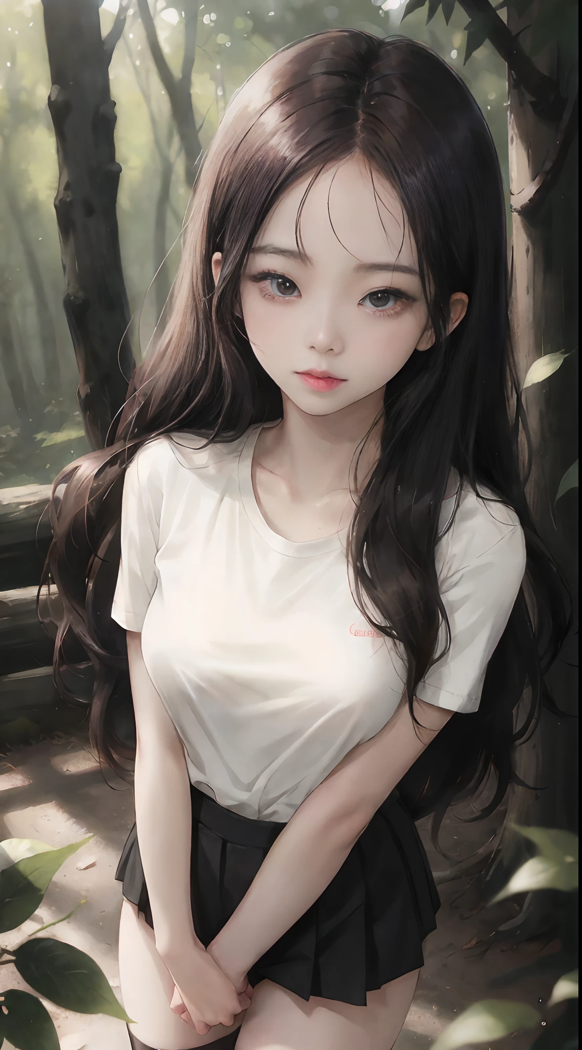 ((Lisa from Blackpink)), t-shirt, tiny pleated skirt, black stockings up to the waist, high heels, close-up from thighs to face, lifting skirt with hands, exposed vagina, very fair skin, very long hair, wavy hair, camp, forest, photorealistic, indirect lighting, volumetric light, ray tracing, hyperdetailed, best quality, high resolution, HDR, 8k