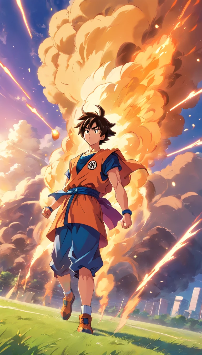 Un chico,Estilo de pintura Dragon Ball,Estilo de pintura Akira Toriyama,Fuerza de fuego+vapor+Goku de niebla, Top is broken, Saiyan full of blazing flames and pyrotechnic skills,Actionpose,cuerpo completosbian,(llama:0.7),Procesamiento competente de efectos especiales,High detail