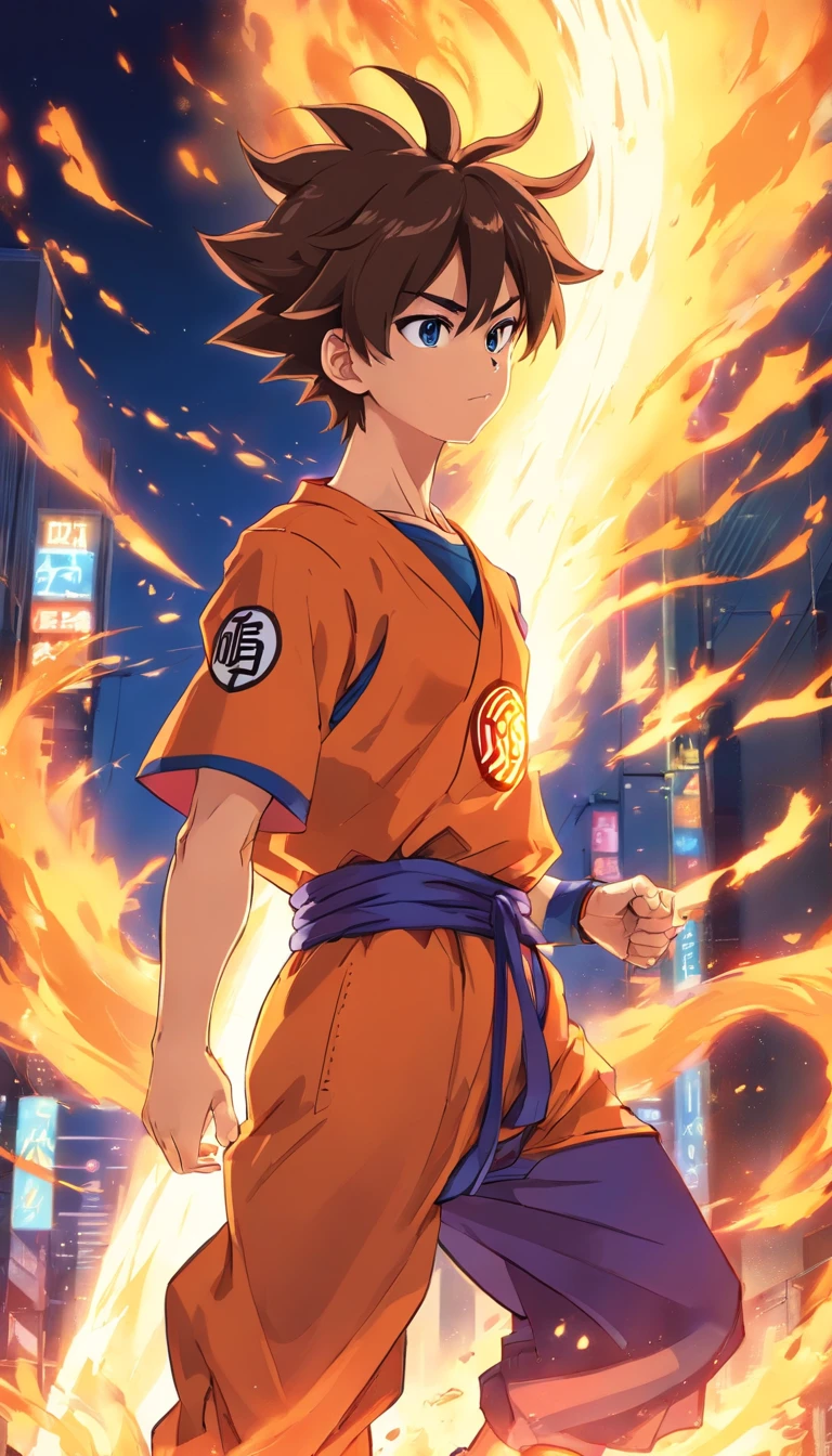 Un chico,Estilo de pintura Dragon Ball,Estilo de pintura Akira Toriyama,Fuerza de fuego+vapor+Goku de niebla, Top is broken, Saiyan full of blazing flames and pyrotechnic skills,Actionpose,cuerpo completosbian,(llama:0.7),Procesamiento competente de efectos especiales,High detail