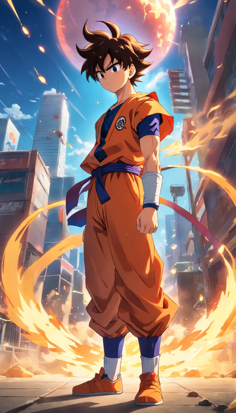 Un chico，Estilo de pintura Dragon Ball，Estilo de pintura Akira Toriyama，Fuerza de fuego+vapor+Goku de niebla, Top is broken, Saiyan full of blazing flames and pyrotechnic skills，Actionpose，cuerpo completosbian，（llama：0.7），Procesamiento competente de efectos especiales，High detail