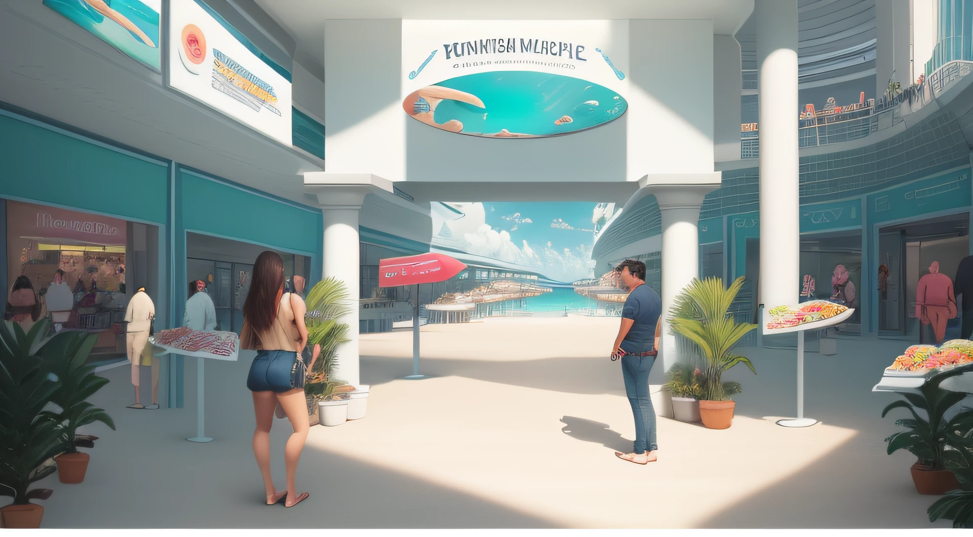 Por favor, generate an image of a scenario where a mall with a panoramic view stretches out in front of me. No fundo, vislumbro um caminho que leva a um cais repleto de lanchas. Dentro do shopping, I see some people standing there, sem se moverem, while a woman is in front. There are three visible plates: one on the left, another on the right and a third pointing to the pier in the background. Across the scene, There are several potted palm trees, conferindo uma atmosfera que lembra Cancun. Por favor, crie essa imagem para mim.