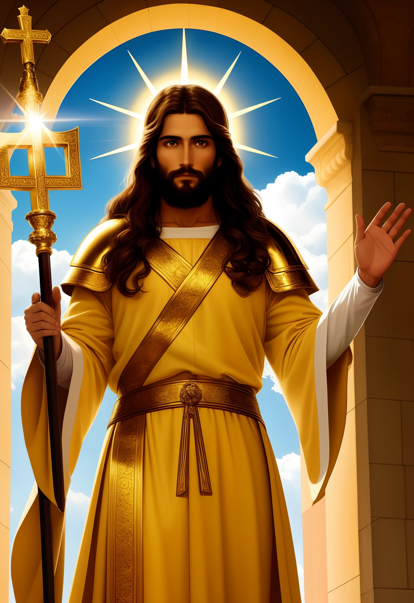 Claro, Here's a description of the scene you asked for:

Na imagem, Jesus Cristo aparece em todo o seu esplendor divino. He is dressed in an imposing golden armor that shines brightly at the heavenly light emanating from Him. The armor is adorned with intricate details, com placas reluzentes que refletem sua majestade e poder. It extends from the top of his shoulders to his legs, cobrindo todo o seu corpo.

Jesus is standing, com uma postura majestosa e firme, staring directly at camera. His countenance is serious, but it also radiates a deep compassion and wisdom. His eyes are deep and full of love, transmitting a sense of peace and hope to all who contemplate it.

In his right hand, Jesus holds a golden staff adorned with sacred symbols. The staff is a representation of his role as the Good Shepherd, guiando e protegendo seu rebanho com amor e carinho.

His light brown hair and beard are also golden and shiny, refletindo a luz divina que o envolve. The aura of Jesus Christ is of indescribable beauty and majesty, filling all the space around you with a divine and serene presence.

In this representation, Jesus Christ is in his majestic glory, emanando luz e amor, ready to guide and comfort all those who seek His grace and guidance.