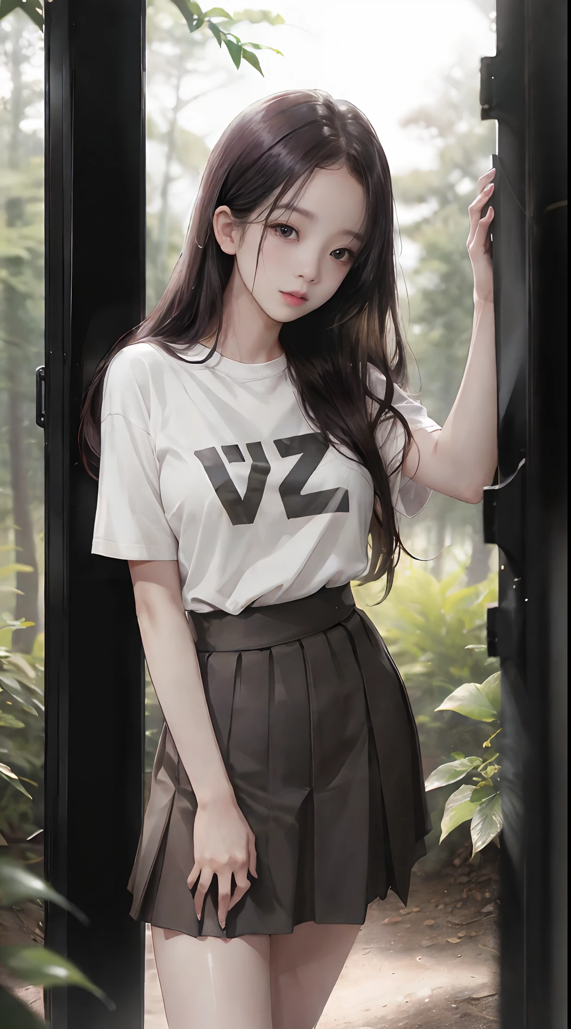 ((Lisa from Blackpink)), t-shirt, tiny pleated skirt, black stockings up to the waist, high heels, close-up from thighs to face, lifting skirt with hands, exposed vagina, very fair skin, very long hair, wavy hair, camp, forest, photorealistic, indirect lighting, volumetric light, ray tracing, hyperdetailed, best quality, high resolution, HDR, 8k