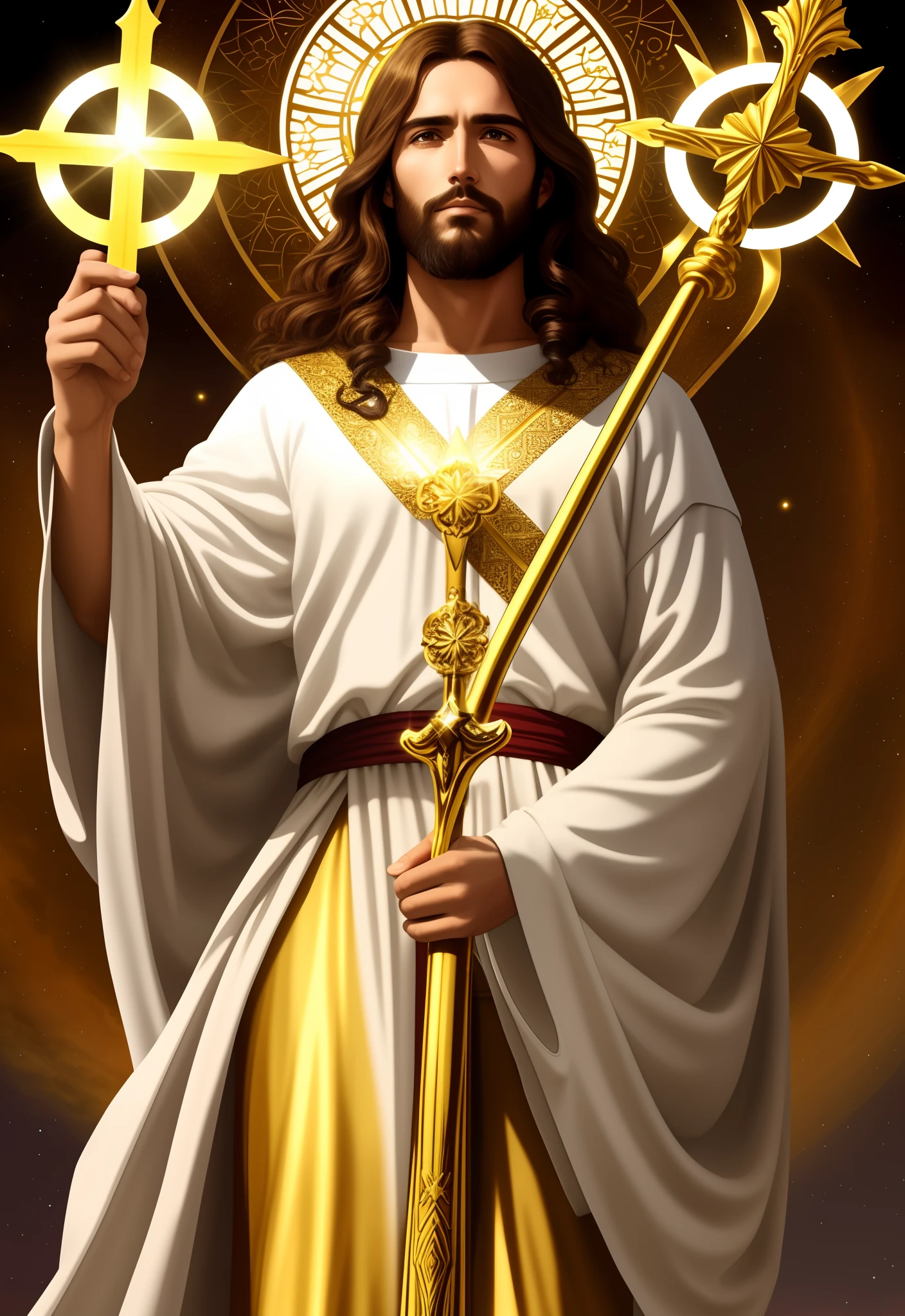 Claro, Here's a description of the scene you asked for:
Na imagem, Jesus Cristo aparece em todo o seu esplendor divino. He is dressed in an imposing golden armor that shines brightly at the heavenly light emanating from Him. The armor is adorned with intricate details, com placas reluzentes que refletem sua majestade e poder. It extends from the top of his shoulders to his legs, cobrindo todo o seu corpo.
Jesus is standing, com uma postura majestosa e firme, staring directly at camera. His countenance is serious, but it also radiates a deep compassion and wisdom. His eyes are deep and full of love, transmitting a sense of peace and hope to all who contemplate it.
In his right hand, Jesus holds a golden staff adorned with sacred symbols. The staff is a representation of his role as the Good Shepherd, guiando e protegendo seu rebanho com amor e carinho.
His light brown hair and beard are also golden and shiny, refletindo a luz divina que o envolve. The aura of Jesus Christ is of indescribable beauty and majesty, filling all the space around you with a divine and serene presence.
In this representation, Jesus Christ is in his majestic glory, emanando luz e amor, ready to guide and comfort all those who seek His grace and guidance.