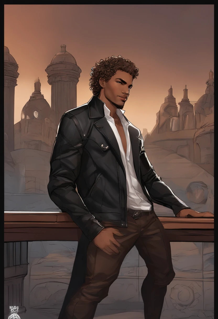 A very light brown man, 25 years, 1.80 tall, A thin, but strong. Curly hair with a gradient on the sides, Brown eyes, With a happy expression on his face, but not seductive. Very detailed, real, wearing black cyberpunk pants and a black jacket with red details and silver chains, full - body, Token for a tabletop role-playing game