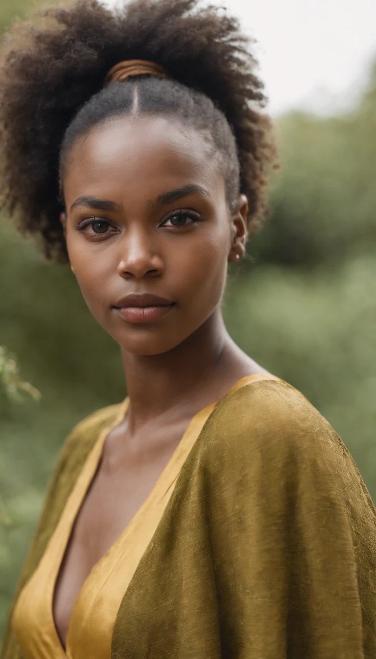 portrait en pied de femme noire, nez pointu, frizzy hair, robe jaune longue africaine, boucle d'oreille en bois marron, bracelet en bois marron, dans un fond simple vert olive