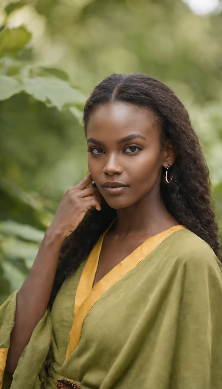 portrait en pied de femme noire, nez pointu, frizzy hair, robe jaune longue africaine, boucle d'oreille en bois marron, bracelet en bois marron, dans un fond simple vert olive