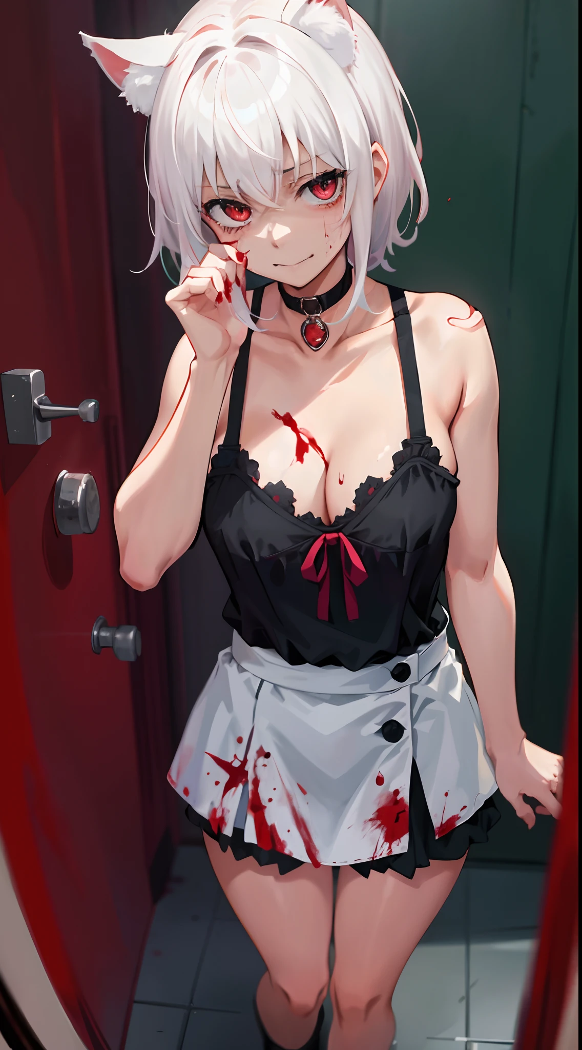 Best Quality, (Masterpiece:1.2), High Detailed, Standing, School, Indoor, Cat Ears, 1girl, solo, tojo koneko, looking at the viewer, closed mouth, light smile, red eyes, white hair, short hair, hair decoration, cleavage, black neckband, erotica, sleeveless, (whole body, close-up), bare legs, (((bloody, pain, blood, scared))), healthy skin, ((bra)), (prison cell )