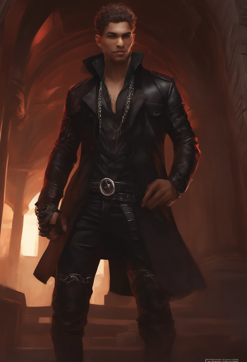 very light brown man, 25 years old, 1.80 tall, thin and strong. Curly short hair with a gradient on the sides, dark brown eyes, with a soft expression but not seductive. very detailed, real, wearing black cyberpunk style pants and a black jacket with many red details and silver chains, full body, token for tabletop RPG