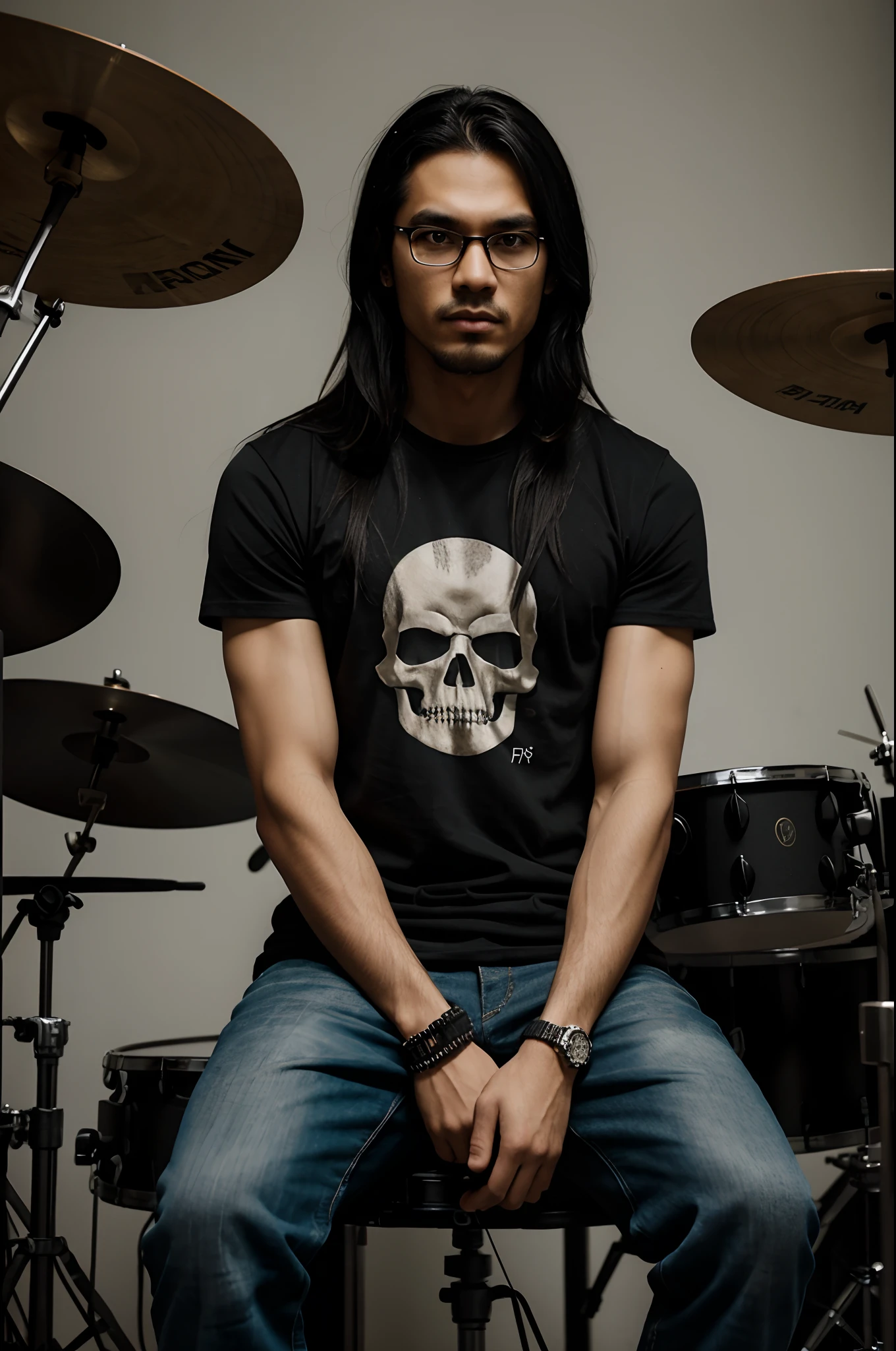 RAW Photo, DSLR BREAK (kkw-ph1:0.9) BREAK half body portrait of ung 20yo man, long black hair, wearing black t shirt, skull printed t shirt, wearing black rayban eyeglasses, perfect eyes, black eyes, perfect lips, wearing black stud earrings, black earrings, long hair, medium length hair, , with thick unshaved goatee, perfect nose, professional color graded, serious looking man, angry look, dark background, serious man, filipino, pinoy, philippines, sitting in drumset, drummer, with drumset