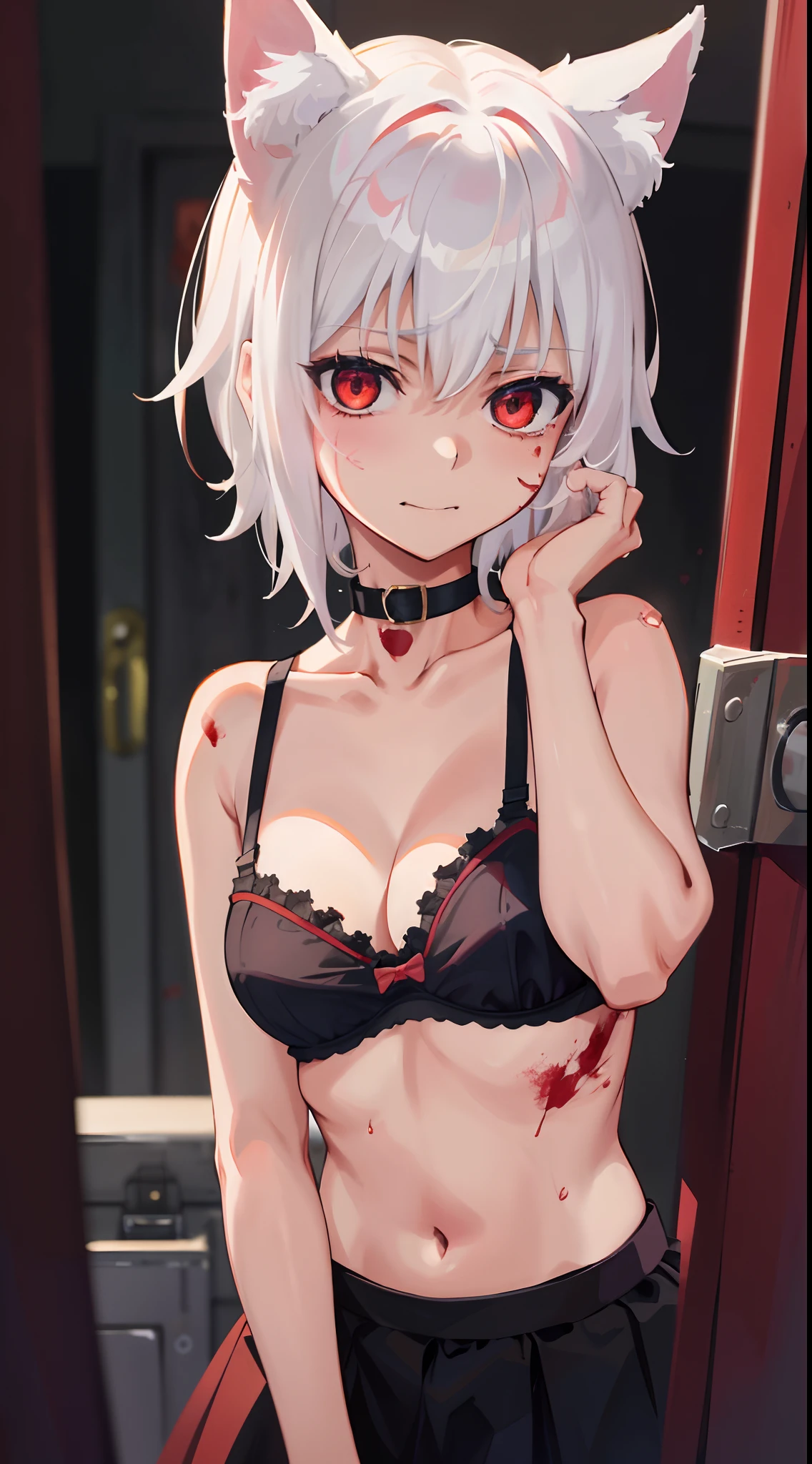 Best Quality, (Masterpiece:1.2), High Detailed, Standing, School, Indoor, Cat Ears, 1girl, solo, tojo koneko, looking at the viewer, closed mouth, light smile, red eyes, white hair, short hair, hair decoration, cleavage, black neckband, erotica, sleeveless, (whole body, close-up), bare legs, (((bloody, pain, blood, scared))), healthy skin, ((bra)), (prison cell )