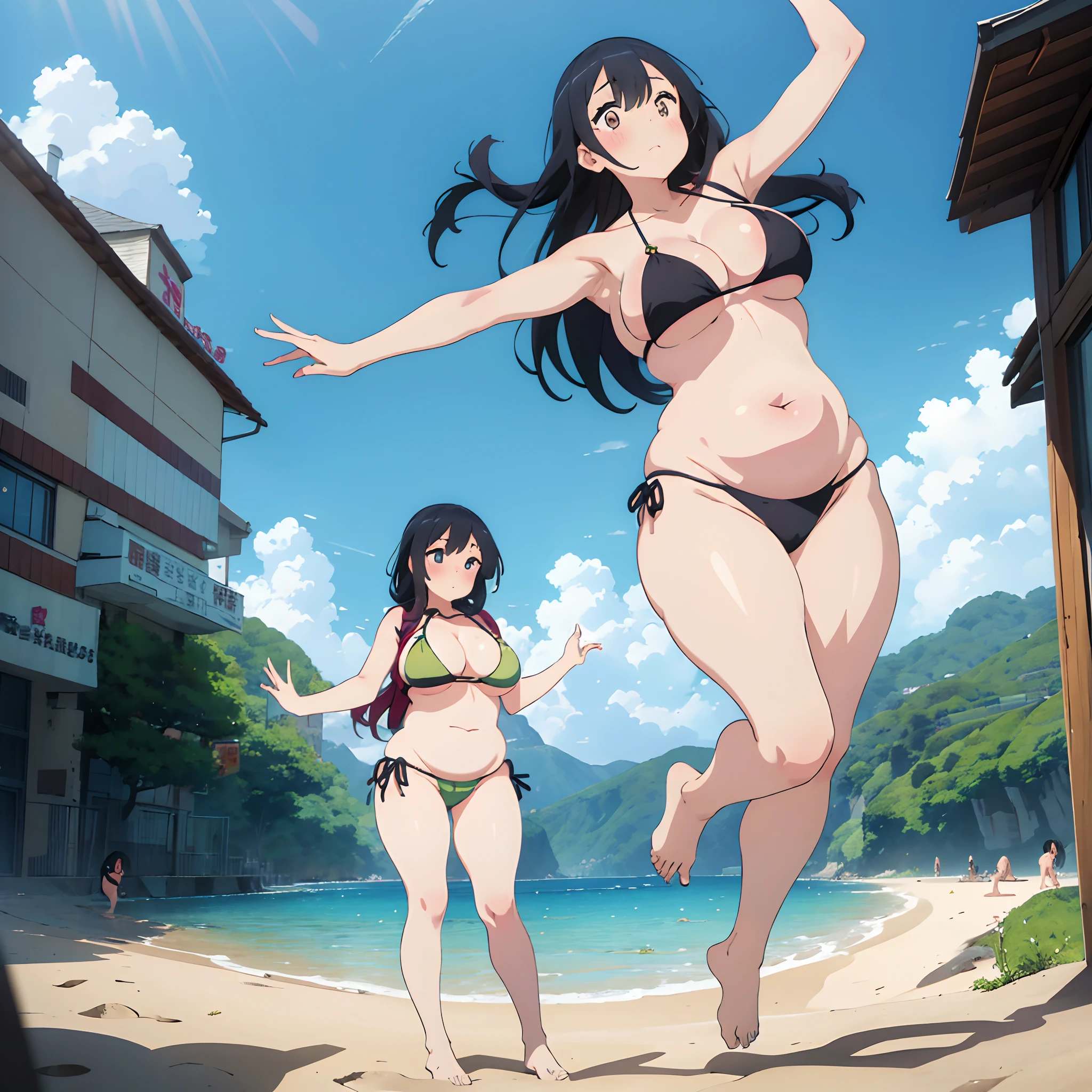 girl, very short, 18 years old, obese, colossal breasts, saggy breasts, huge belly, thick hips, very fat legs, colossal ass, micro-bikini, beach, fell with her ass in the air, ecchi, with her face on the floor, body perfect, round face, swaying belly, swaying ass,