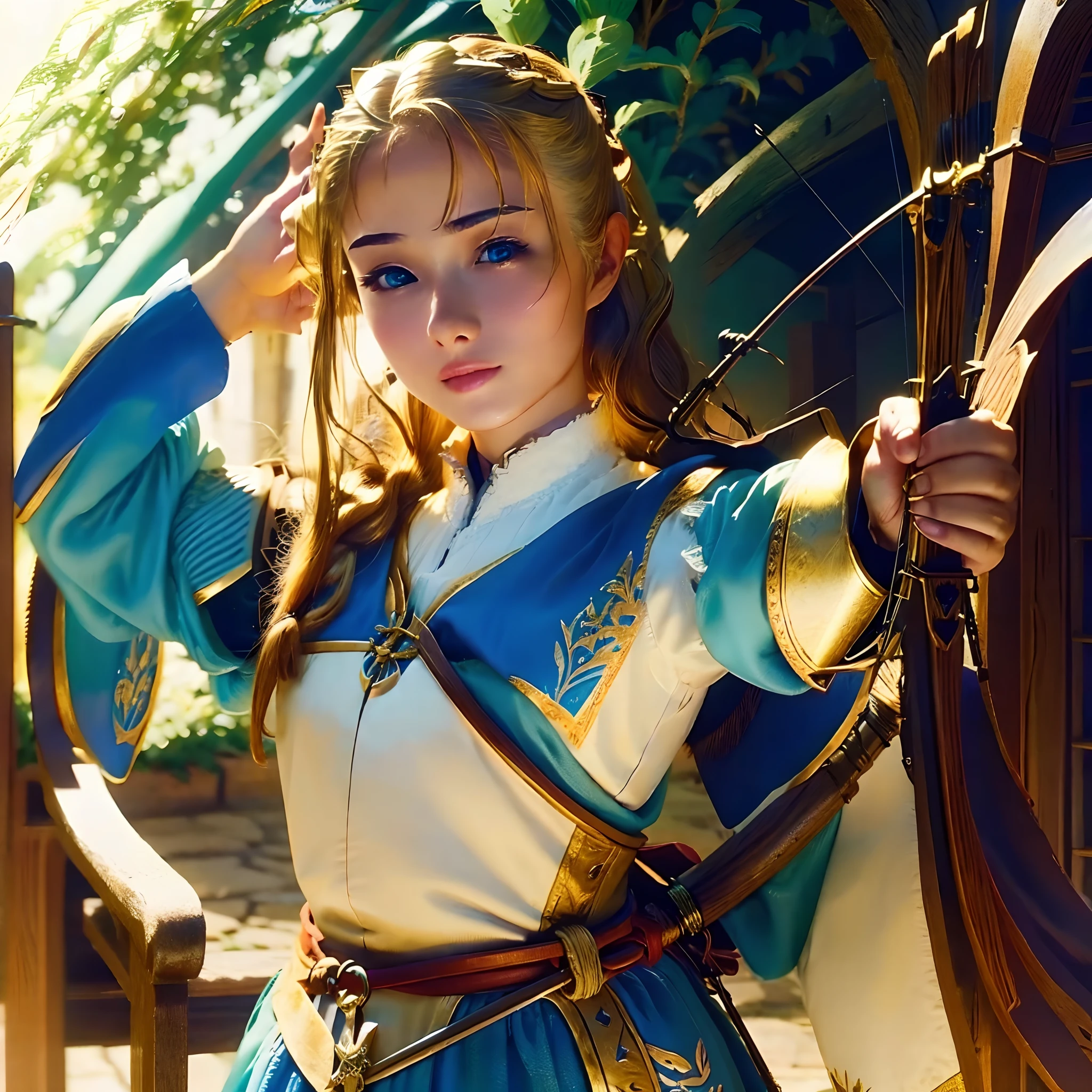 A girl in medieval attire, holding a bow and arrow, with blonde hair. (best quality,ultra-detailed),illustration,beautiful detailed eyes,beautiful detailed lips,long eyelashes,fantasy,fairytale,female archer,brown medieval dress,archery,green forest background,captivating gaze,strong bow,delicate features,shimmering arrow,soft light,historical vibe,lush vegetation,vibrant colors.