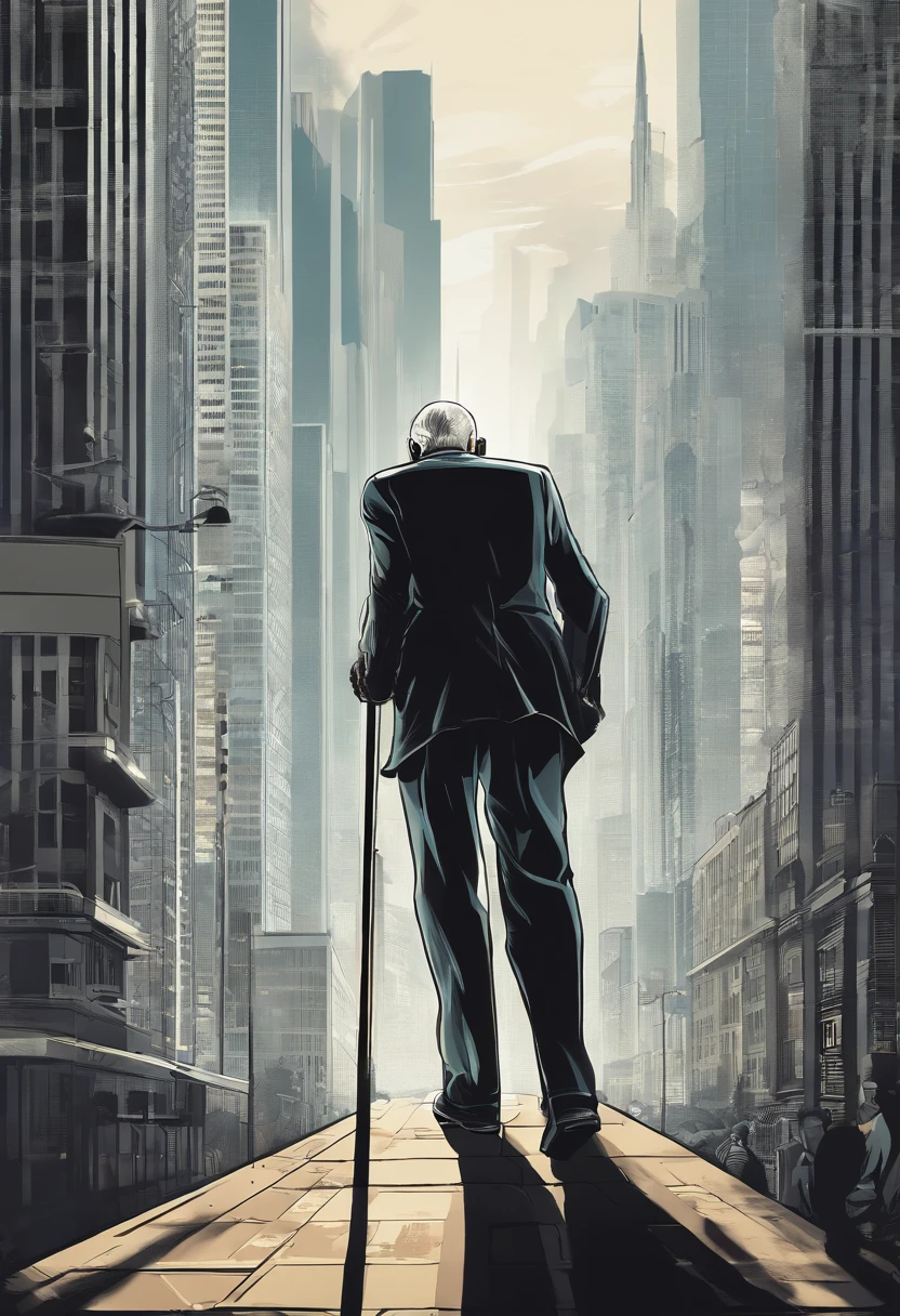 An old man stands under a tall building on crutches,It is surrounded by modern high-rise buildings