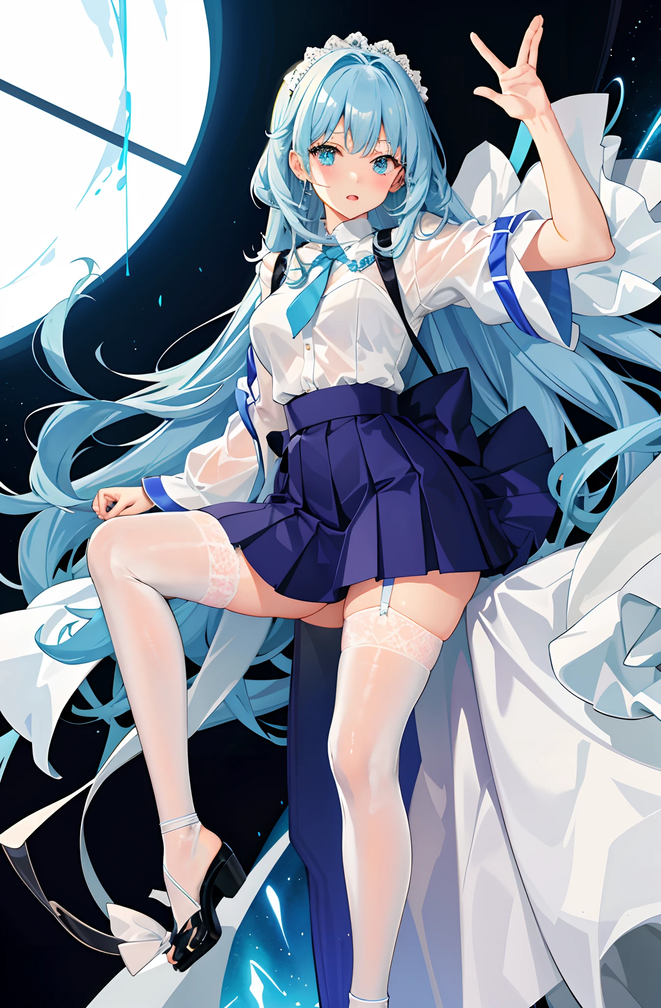 8K，ultraclear，JK，校服，Very short pleated skirt，Japanese manga style，Pure white lace translucent dress，Moist clothes，Stockings reflective，Hair without ribbons，Light blue feet naked lace-up heels，Underwear moist strengthened，Stockings reflect reinforcement，Lewd expression，Show off lace panties，long whitr hair，The mouth is slightly open，Gloss on lips，Shorter skirts，Skin sweat，Blue hair，Stockings strangle fleshy，Thighs are plump，Bigchest、The skirt lifted，Thigh lace，largeeyes，Tears，The kinky is exposed，Leakage，Pubic hair shows through，clothes see-through，soaking wet
