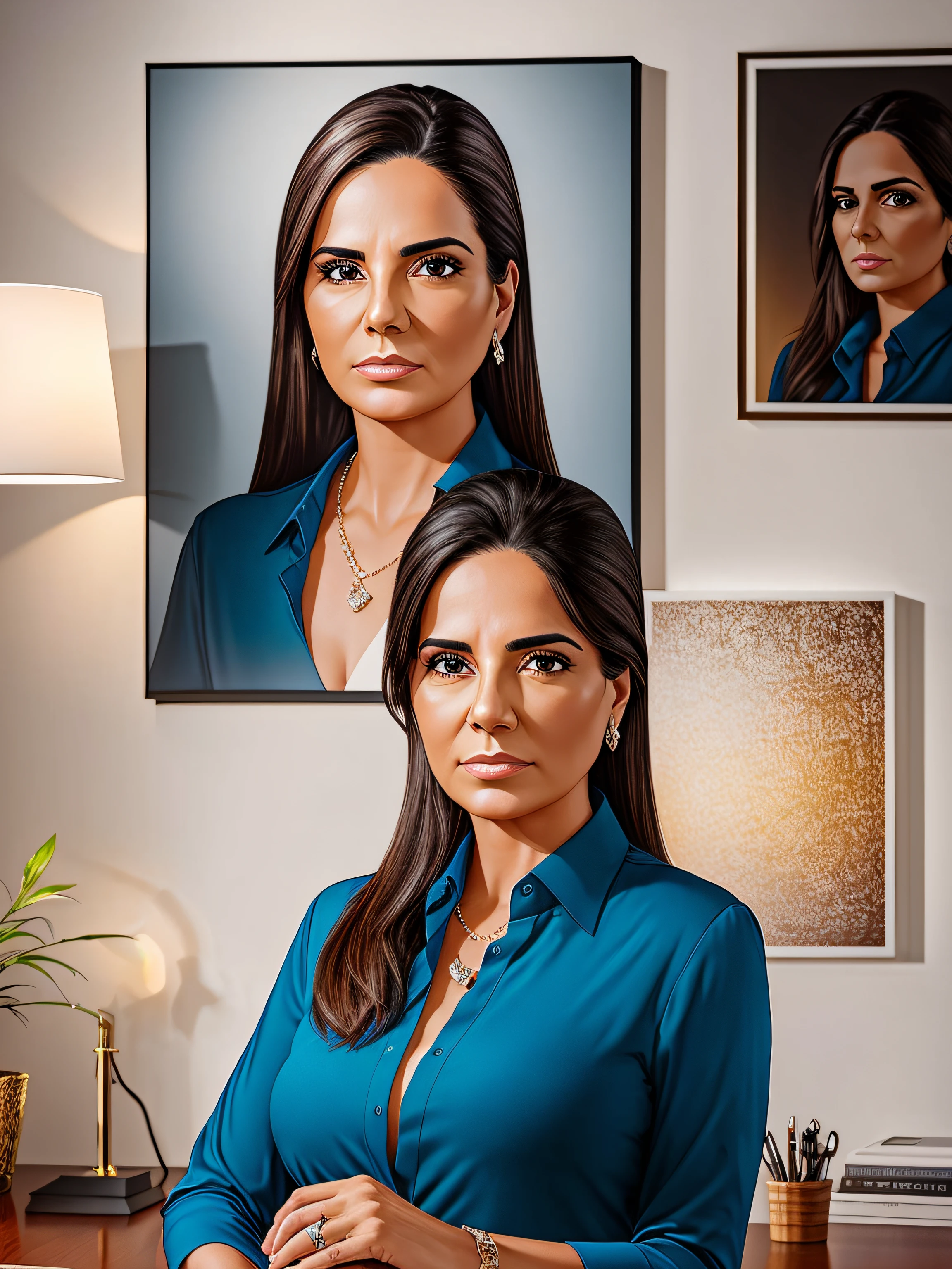 mulher, 30 anos, in a high-end office, Pintura digital, Business style, Inspiration in portraits of leaders, Artista, cores profissionais, detalhes expressivos, office lighting, Introduce a subtle flare lens effect to add a touch of realism and atmosphere to the scene