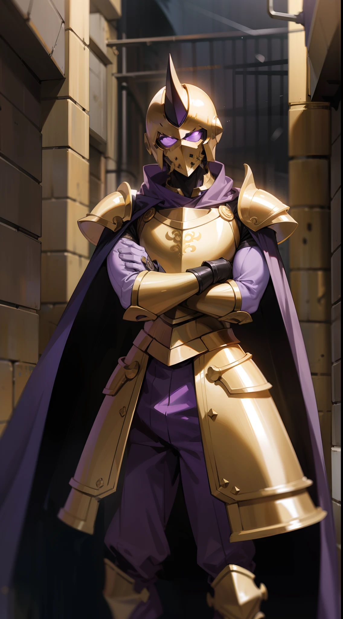 1man,purple horn,solo,muscle, golden templar armor,golden helmet, no visible face,masterpiece,best quality,standing in a dark alley of a city at night,crossed arms,,purple cape