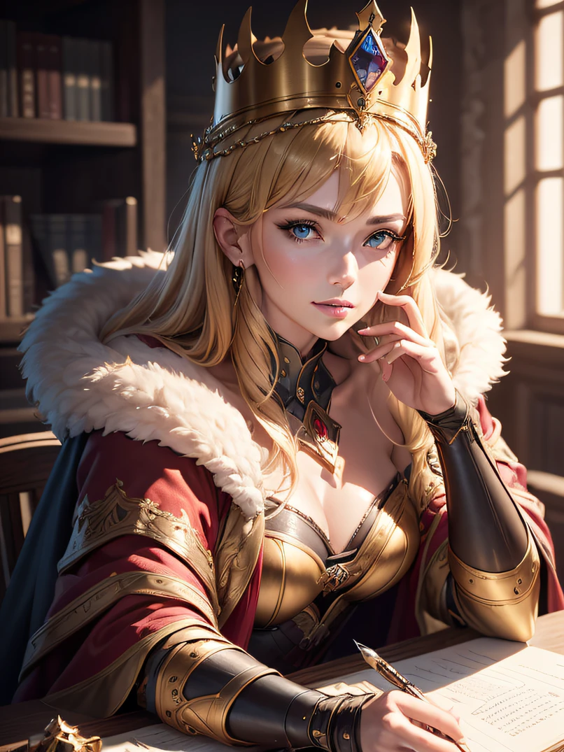 (top-quality、masuter piece:1.3)、reallistic、Realistic、bustshot、face lights、Stunning portrait of a beautiful woman、1人の女性、(Warrior Queen Armor、Fur-lined cape、Luxurious red cloak、Golden crown adorned with precious stones)、Serious、glistning skin、Blonde Beauty、Blue eyes、Sharp eyes、hyperdetailed face、A detailed eye、slim figure、Read books、Write in a note、Detailed hand depiction、Quill pen、desk work、Soft stool、Gothic study of a medieval palace