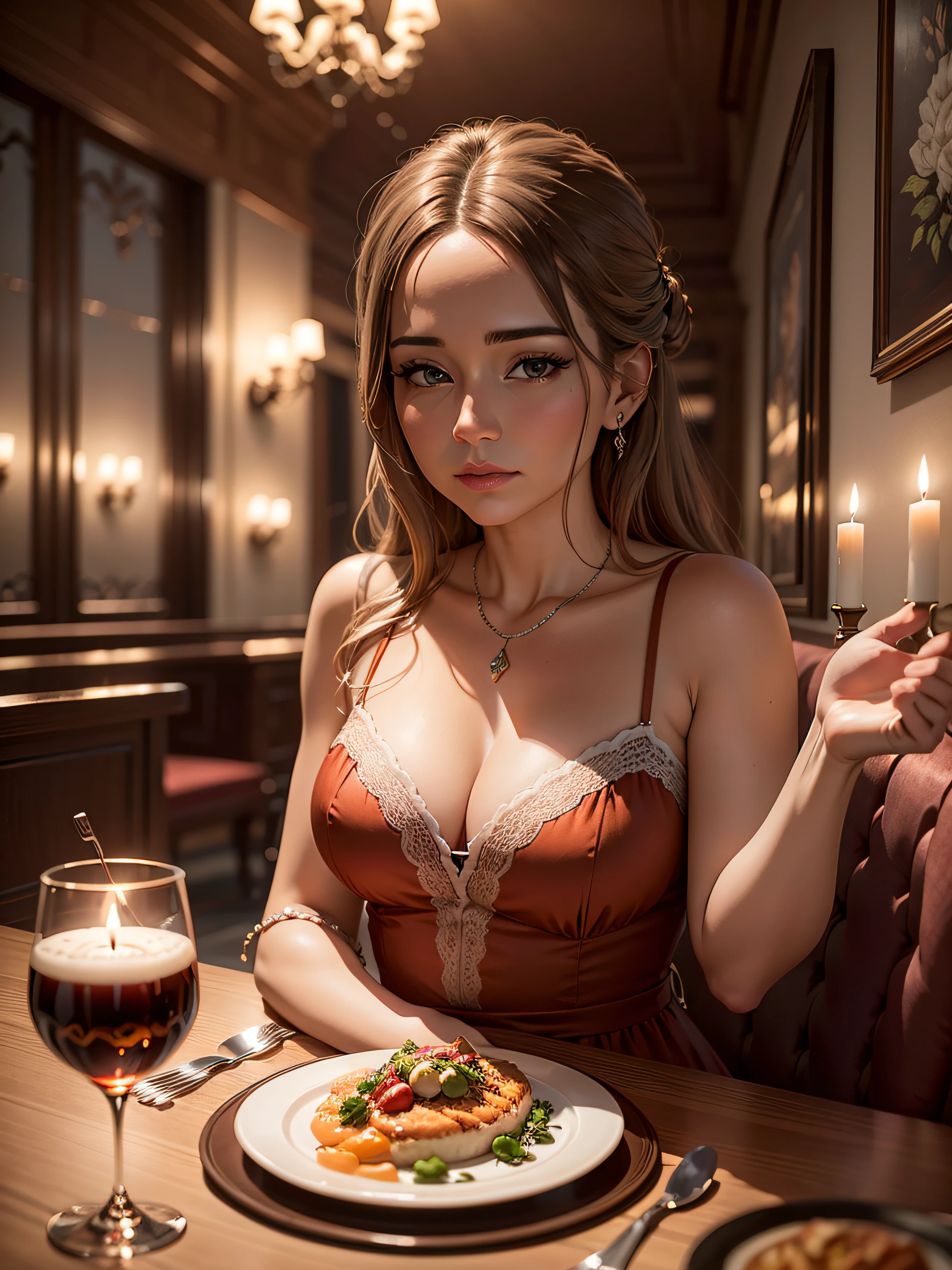 Crie uma cena de uma mulher de 40 anos desfrutando de um jantar elegante em um restaurante sofisticado, with exquisite décor. oil-painting, estilo de cena de restaurante, Inspiration in dinner paintings, Pixiv, Culinary details, candle lighting, Introduce a subtle flare lens effect to add a touch of realism and atmosphere to the scene