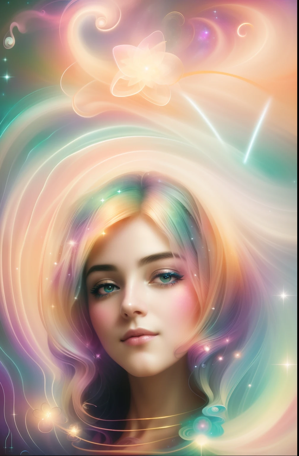 whimsical cosmos elegant galaxies stars nebula maximalism with a wave of hair flowing and floating in misty soft colors, silhouette of a goddess, photogenic expression, photogenic pose, intricate, aqua, soft apricot, smoke fractal, moody and big scale realistic planets, octane render, by josephine wall art, isabelle menin, Jean, amy brown