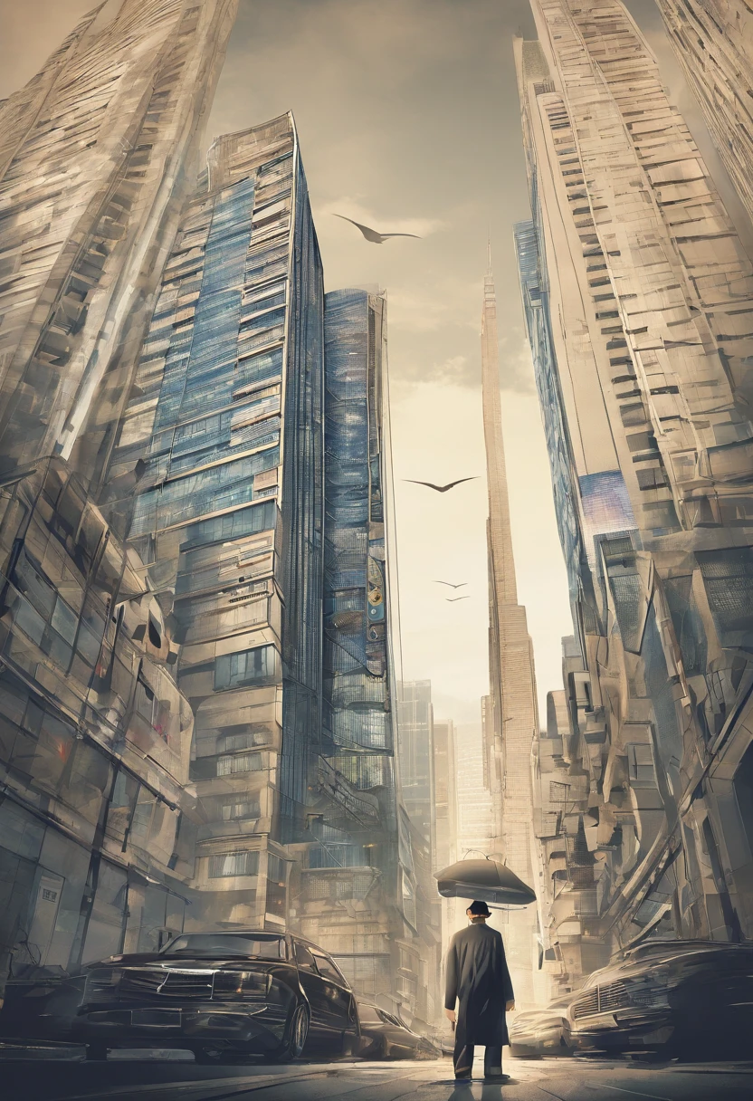 An old man stands under a tall building on crutches，It is surrounded by modern high-rise buildings，The digital age，Above the horizon