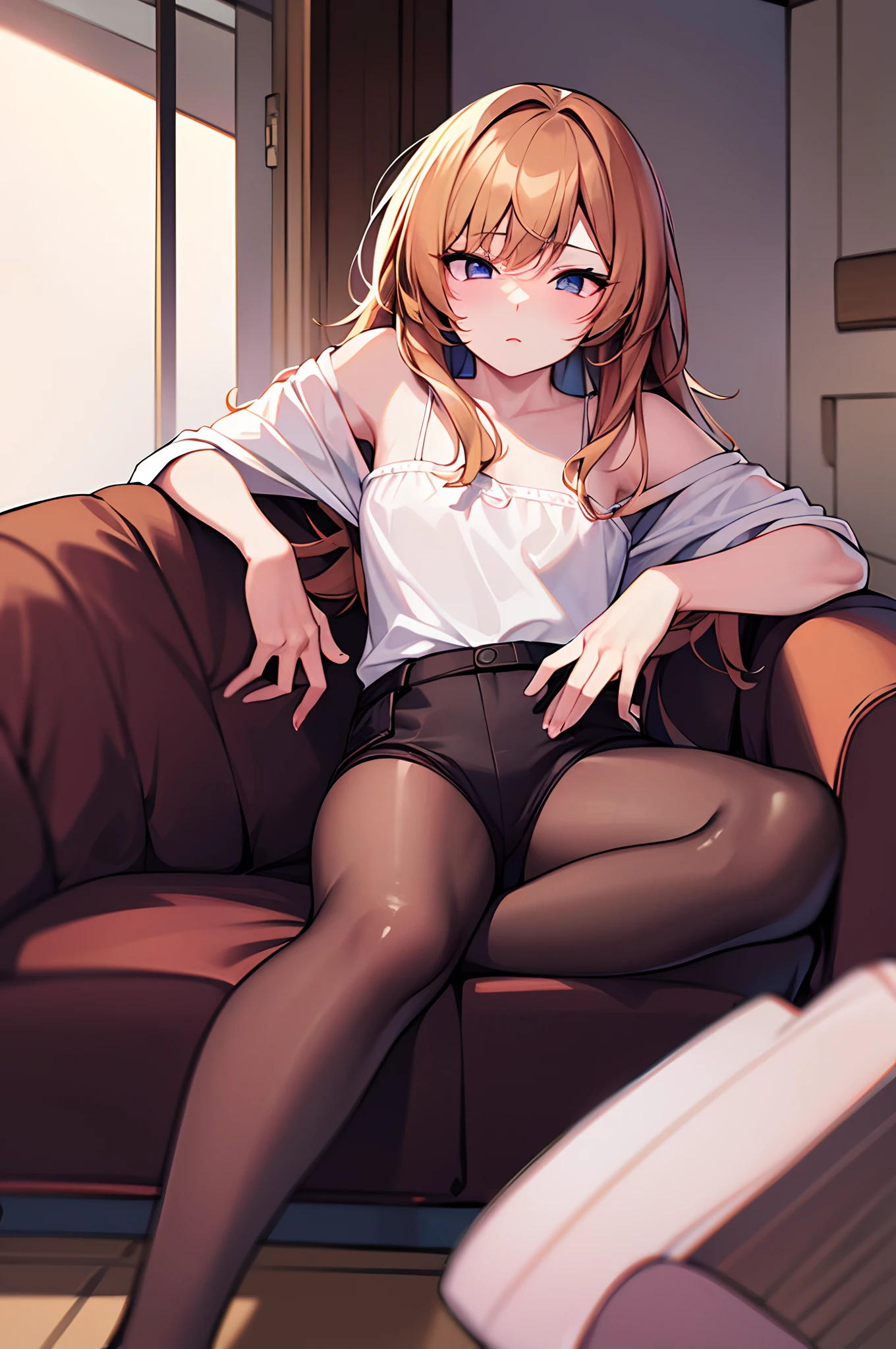 (absurdres, highres, ultra detailed, high resolution: 1.1), drunken eyes, on the sofa,