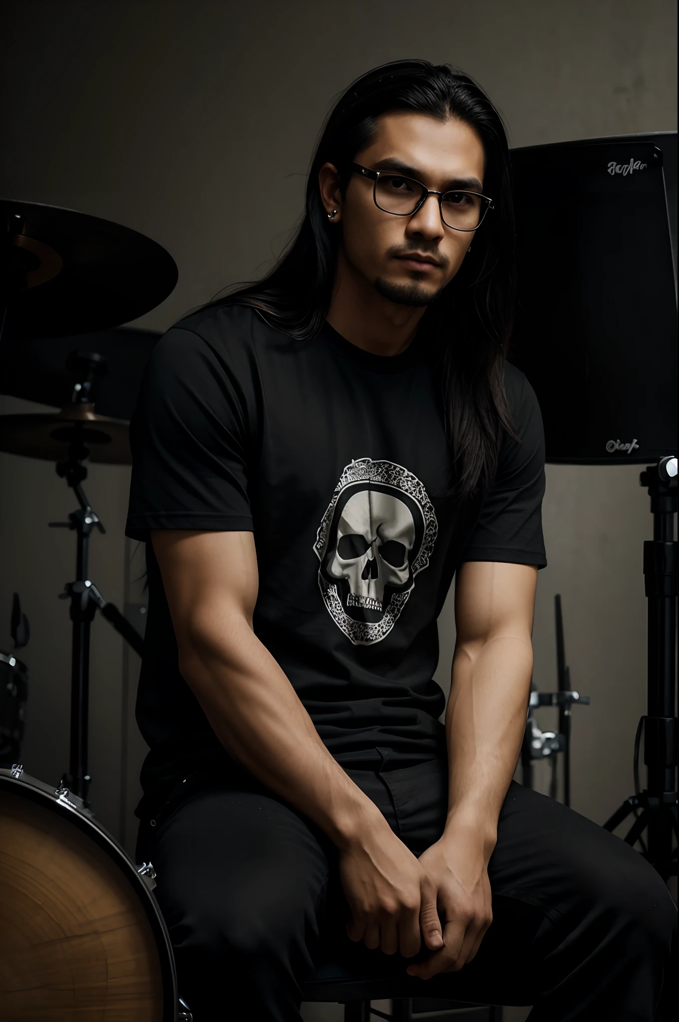 RAW Photo, DSLR BREAK (kkw-ph1:0.9) BREAK half body portrait of 1 young 20yo man, long black hair, wearing black t shirt, skull printed t shirt, wearing black rayban eyeglasses, perfect eyes, black eyes, perfect lips, wearing black stud earrings, black earrings, long hair, medium length hair, , with thick unshaved goatee, perfect nose, professional color graded, serious looking man, angry look, dark background, serious man, filipino, pinoy, philippines, sitting in drumset, drummer, with drumset