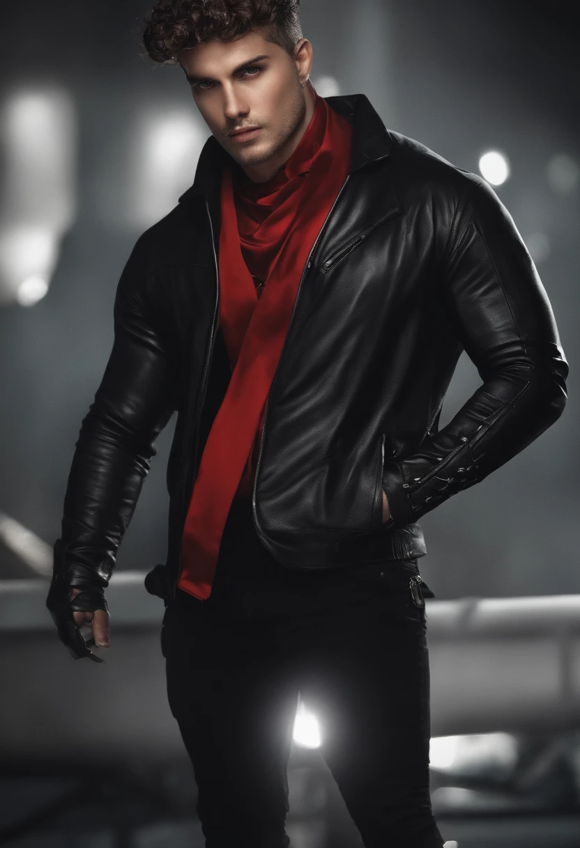 homem pardo, 25 anos, 1.80 de altura, magro e forte. Curly short hair with gradient on the sides, olhos castanhos escuros, with a soft expression, but not seductive. Very detailed and real. Wearing cyberpunk style with black pants and a black jacket with lots of red accents and silver chains around the neck, corpo inteiro, token para RPG de mesa