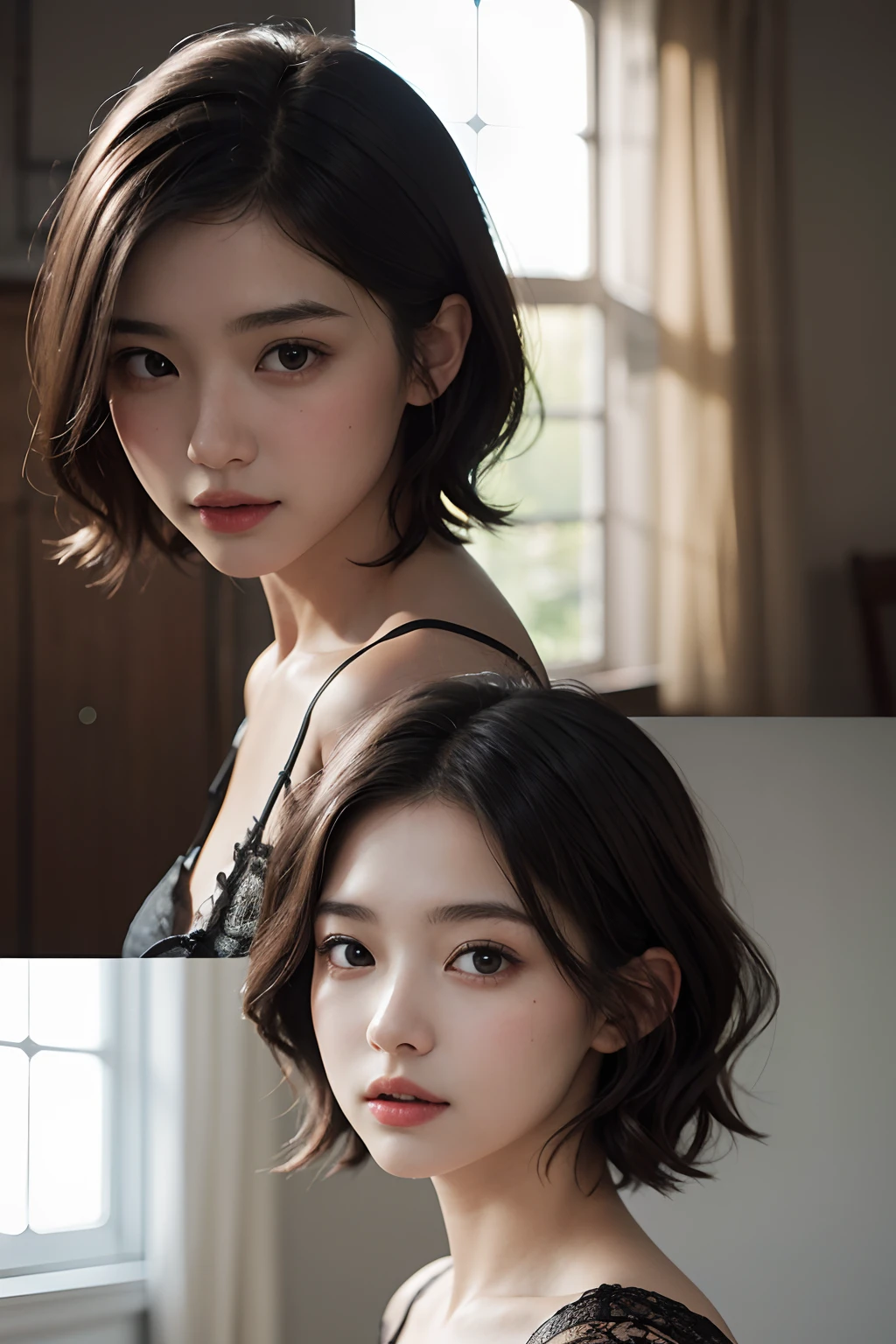 (masuter piece:1.3)、(8K、Photorealsitic、Raw photography、top-quality: 1.4)、(1girl in)、beautiful countenance、(Lifelike face)、(A dark-haired、short-hair:1.3)、Beautiful hairstyle、realisticeyes、Beautiful details、(real looking skin)、Beautiful skins、absurderes、enticing、超A high resolution、A hyper-realistic、high-detail、the golden ratio、
