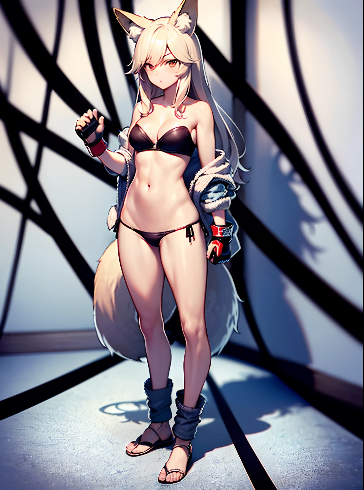 ((fox girl)), ((full body)), ((Standing pose)), (((baggy and long wool leg warmers))), ((strapless bikini bra)), (((thong))), ((open jacket)), ((UFC gloves)), ((fully detailed))