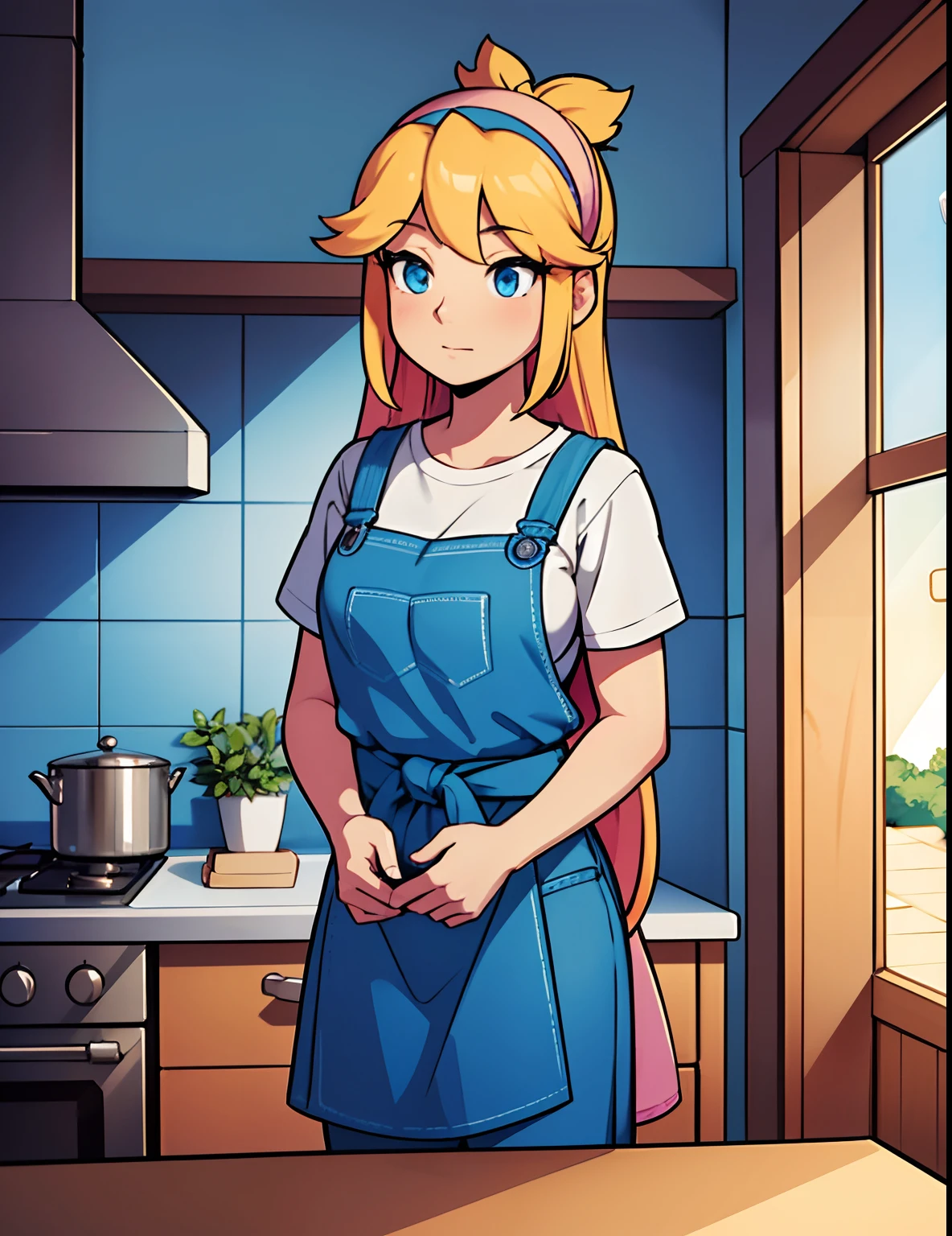 A robot housewife stands in the center of the scene. She has long blonde hair cascading down her shoulders and stunning blue eyes that mesmerize anyone who gazes into them. Her eyes light up with a vibrant glow, adding a hint of futuristic technology to her appearance. The robot housewife wears a pink t-shirt that complements her skin tone and a pair of blue jeans that fit her perfectly.
To complete her outfit, she adds a pink hairband adorned with an expressive ahoge, which adds a touch of playfulness to her character. As she goes about her daily tasks, she wears a green apron that ties neatly around her waist. The apron is slightly worn, suggesting a touch of nostalgia and memories created over time.
In the background, the scene is set in a cozy and neatly organized kitchen. Colorful utensils hang from hooks on the wall, adding a vibrant touch to the space. A wooden cutting board is laid on the countertop, with a bowl of fresh fruits waiting to be prepared. The sunlight streams through the window, casting warm rays on the scene, while soft kitchen lighting illuminates the robot housewife's face.
The overall image quality is of the highest caliber, embracing 4K resolution and showcasing ultra-detailed rendering. The vibrant colors of the scene bring a lively atmosphere, and the realistic depiction captures every intricate detail. The blending of various art styles, including a hint of anime influence, creates a unique and captivating visual storytelling experience.
The color palette is dominated by shades of pink and blue, creating a harmonious and soothing ambiance. The lighting emphasizes the warmth and coziness of the kitchen, with soft shadows casting an ethereal atmosphere.
Without a doubt, this artwork captures the essence of a modern robot housewife, combining technology, nostalgia, and a touch of whimsy. The attention to detail in her appearance and the surrounding environment breathe life into the painting, making it a masterpiece that blends reality
