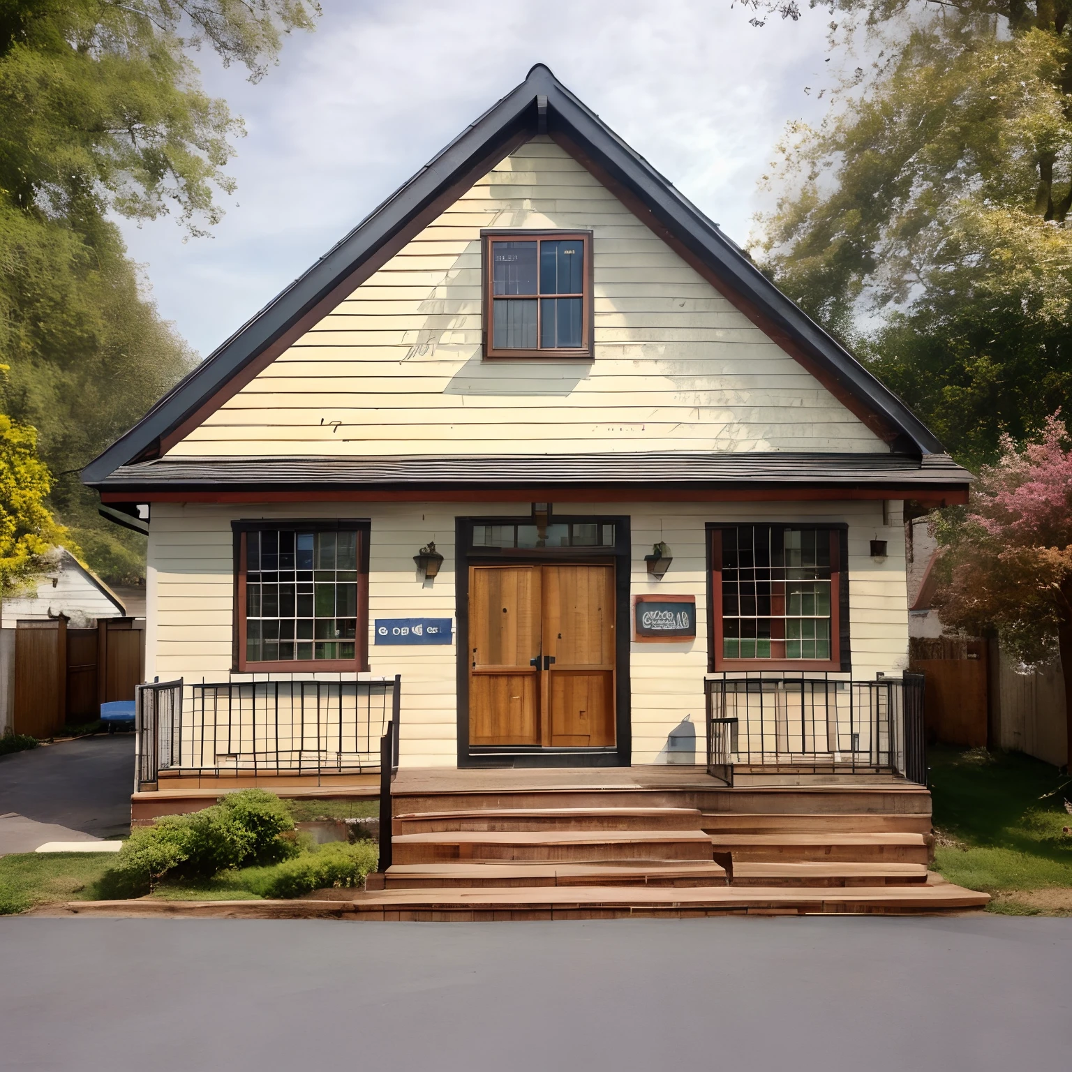 (a one-story cute white family house made of steel frame and wooden boards, North American style in a suburb full of houses),3D rendering,cobblestone pavement,white picket fence,well-manicured garden,cover garage,flowering plants,open porch with rocking chairs,wooden front door,two big windows with curtains,traditional shingles roof,bright and vibrant colors,soft natural lighting,cozy and inviting atmosphere, peaceful neighborhood.